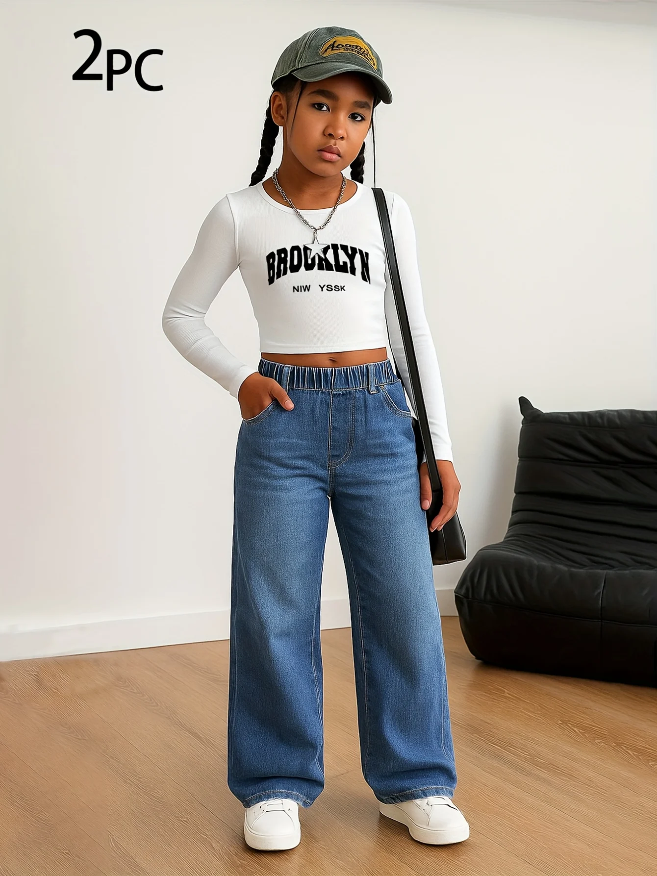 Detail 3 of Girls Streetwear Loose Fit Jeans 2-Piece Set Graphic All Season Stretch - SPUID 7961711578 by LUNORIANA