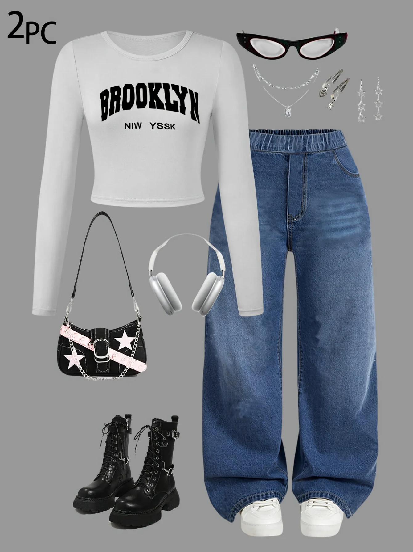 Detail 2 of Girls Streetwear Loose Fit Jeans 2-Piece Set Graphic All Season Stretch - SPUID 7961711578 by LUNORIANA