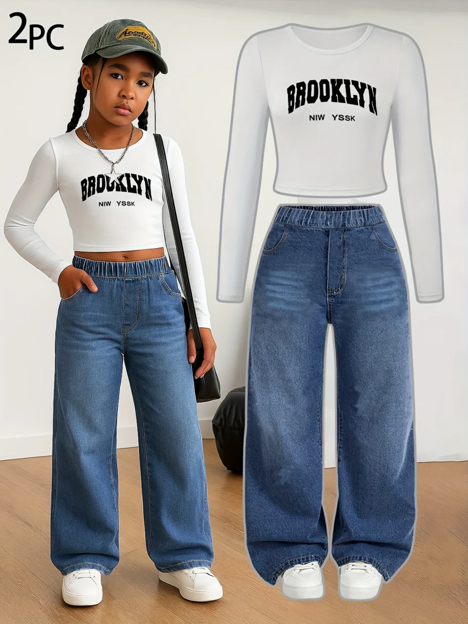 Girls Streetwear Loose Fit Jeans 2-Piece Set Graphic All Season Stretch - SPUID 7961711578