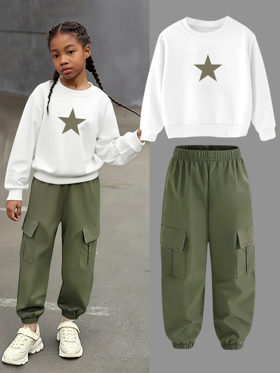 Girls Sweatshirt Cargo Pants 2-Piece Set Graphic Fall Easy Care