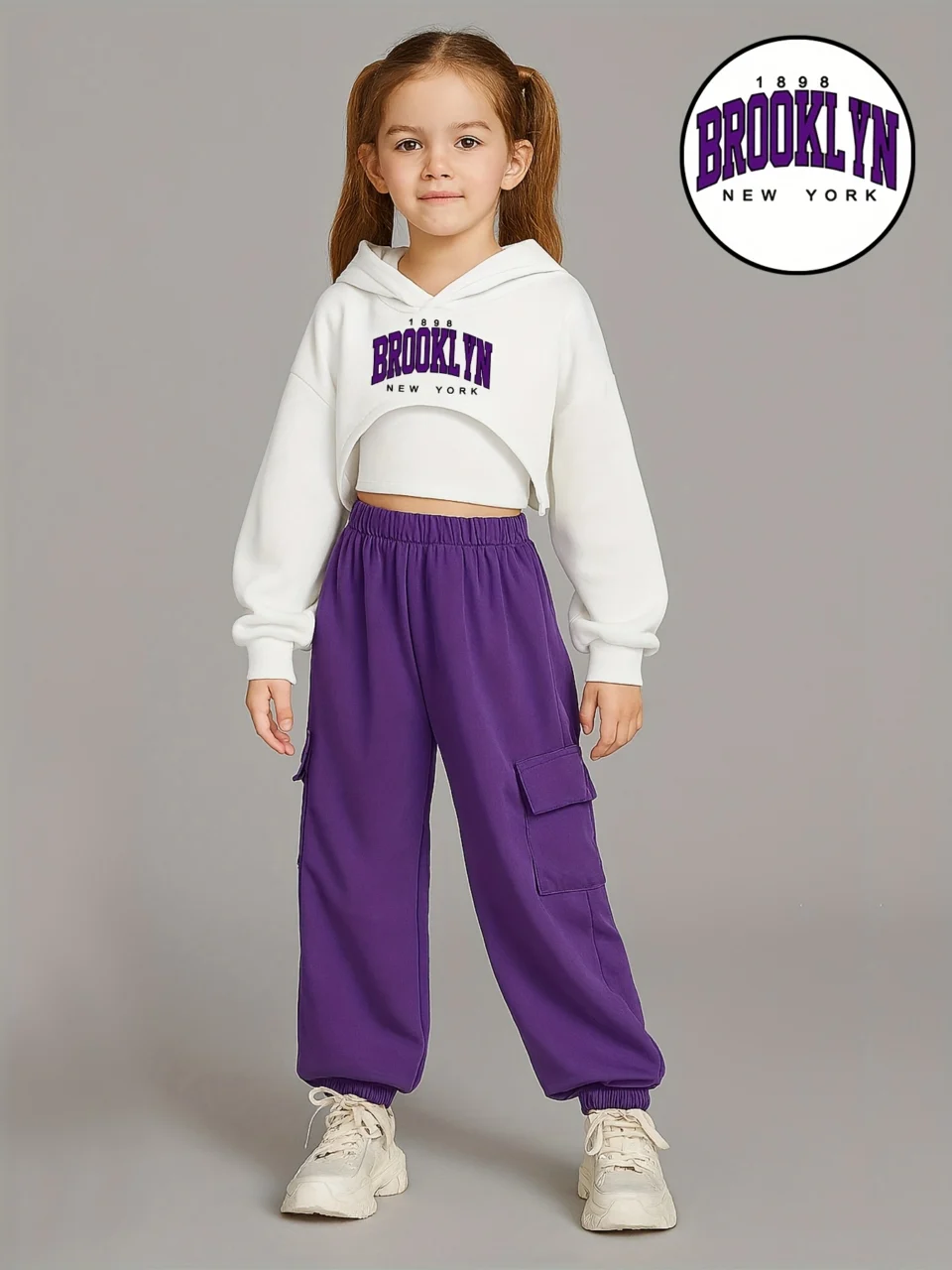 Girls Loose Fit Hoodie Cargo Pants 3-Piece Set Letter Print Fall Winter Stretch