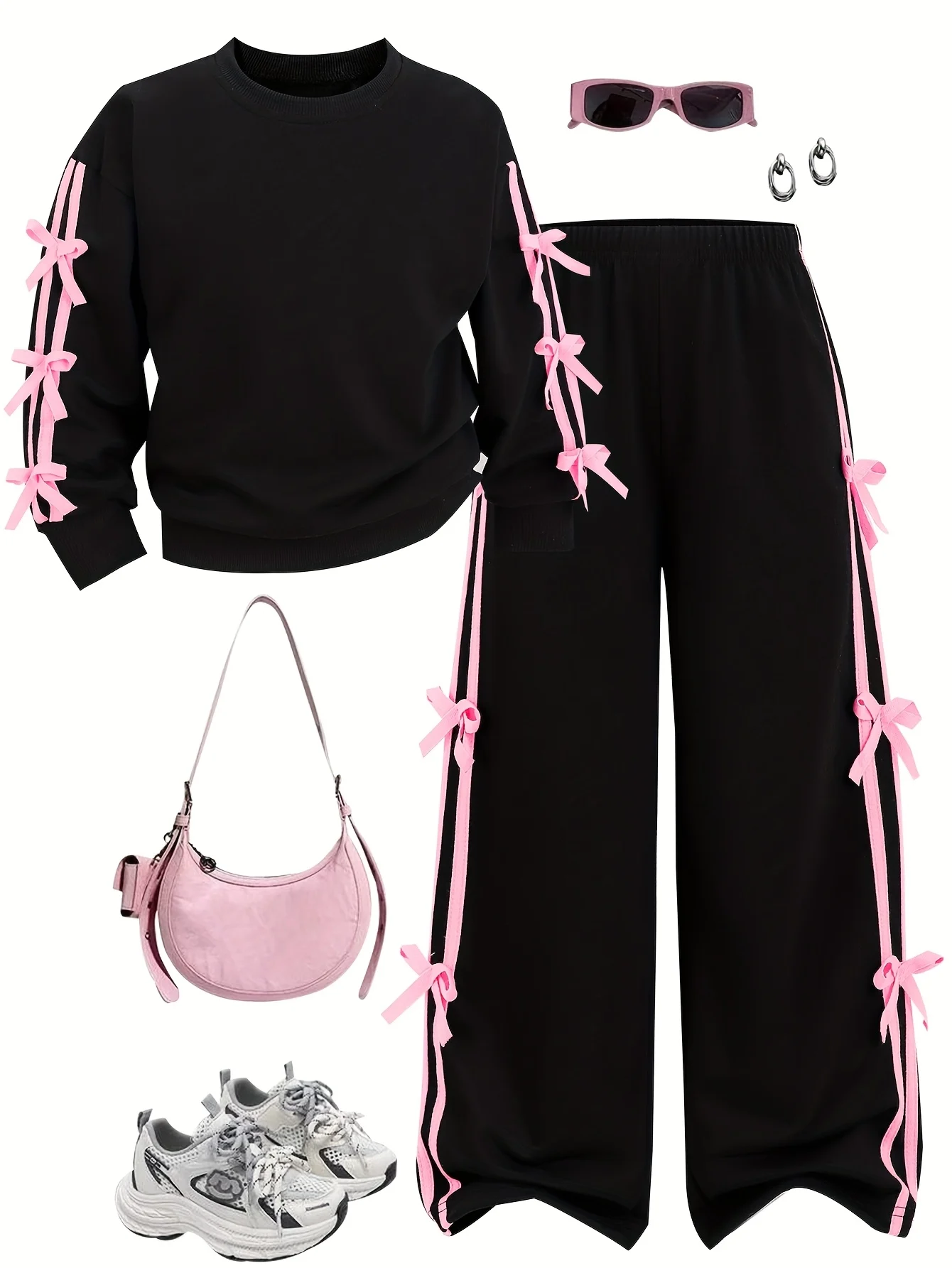 Detail 1 of Girls Bow Solid Sweatshirt Wide Leg Pants 2-Piece Set Fall - SPUID 2093343602 by LUNORIANA