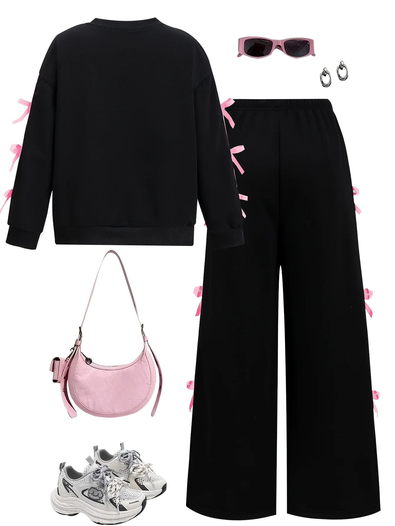 Detail 2 of Girls Bow Solid Sweatshirt Wide Leg Pants 2-Piece Set Fall - SPUID 2093343602 by LUNORIANA