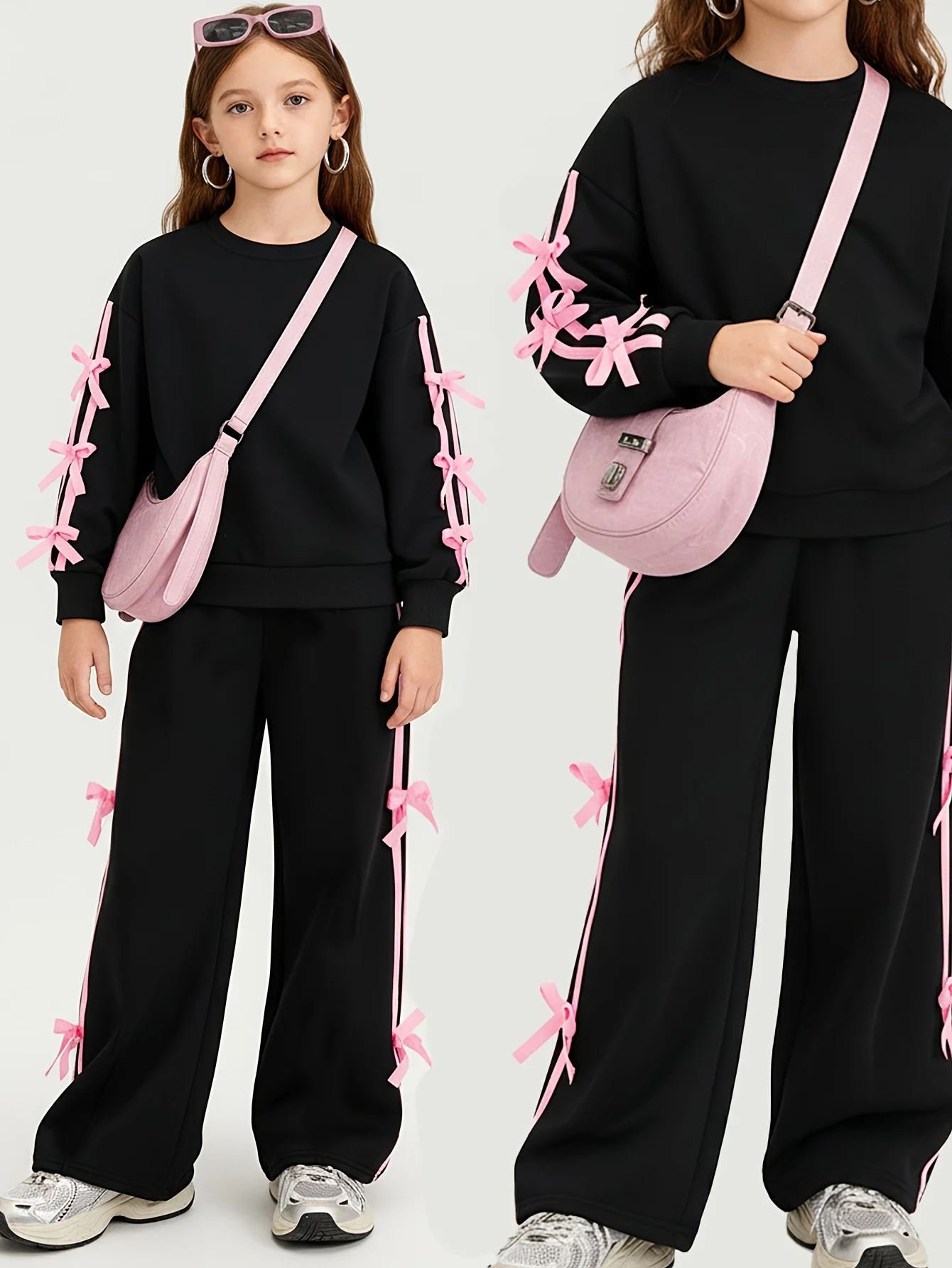 Girls Bow Solid Sweatshirt Wide Leg Pants 2-Piece Set Fall - SPUID 2093343602