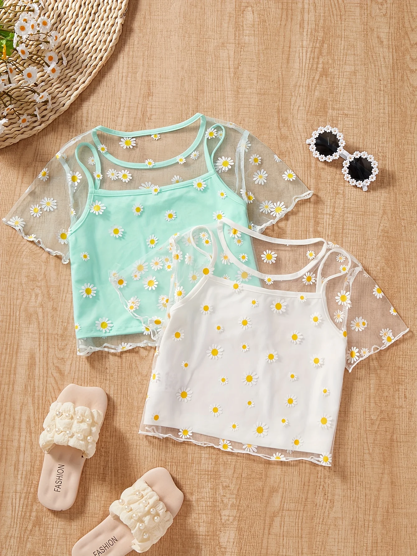 Detail 3 of Girls Floral Sheer Mesh T-Shirts Summer by LUNORIANA
