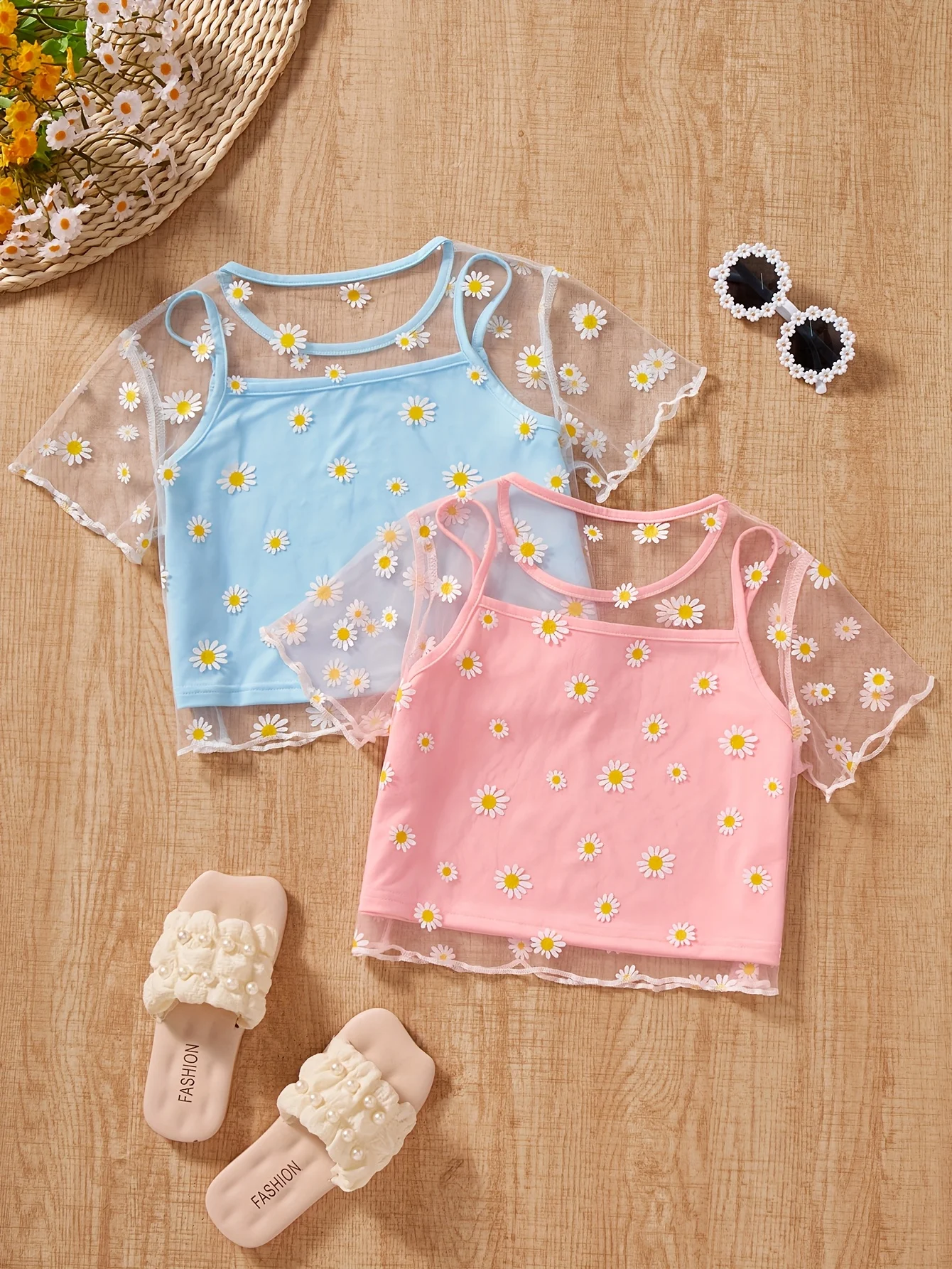 Detail 11 of Girls Floral Sheer Mesh T-Shirts Summer by LUNORIANA