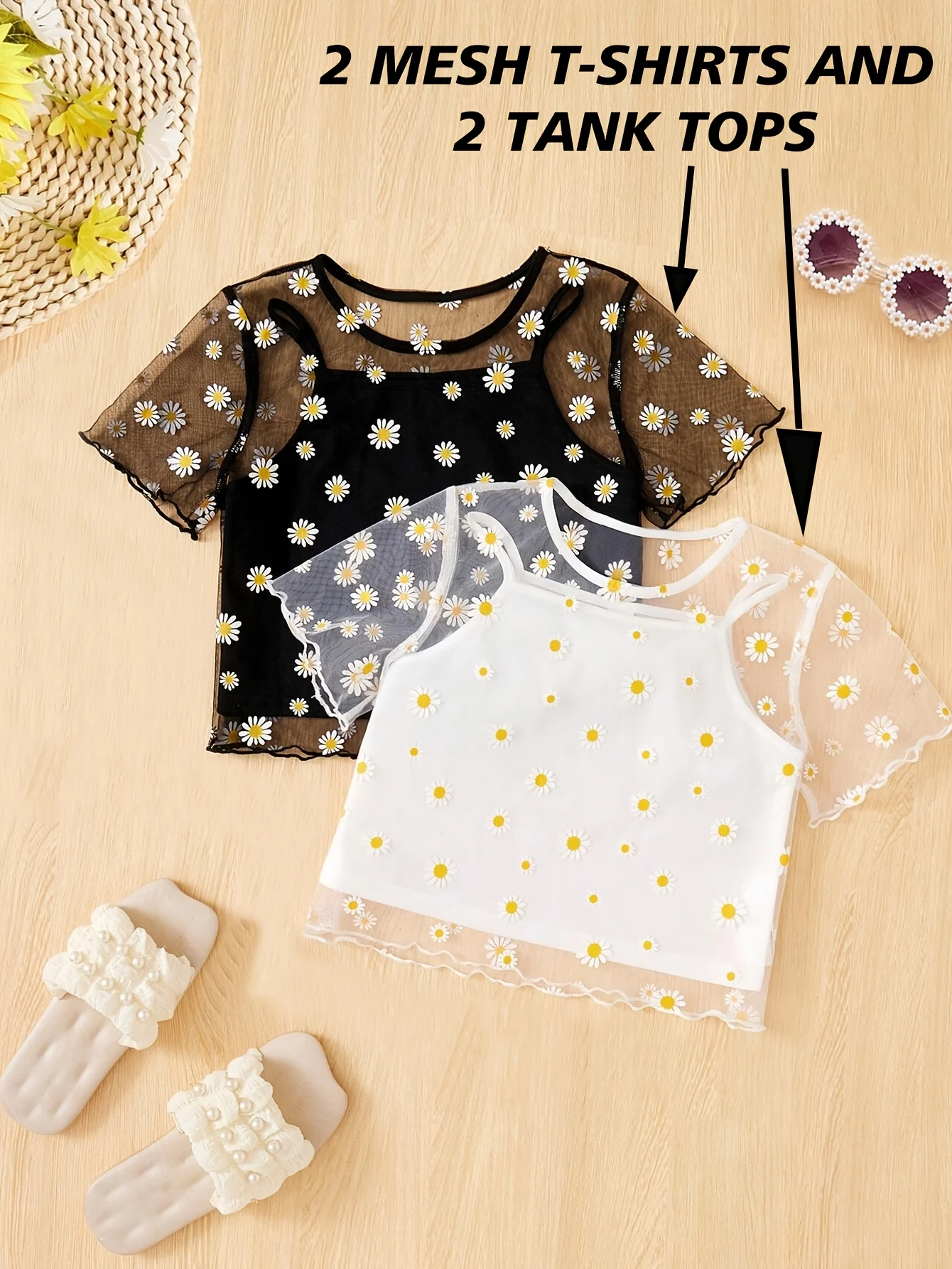 Girls Floral Sheer Mesh T-Shirts Summer