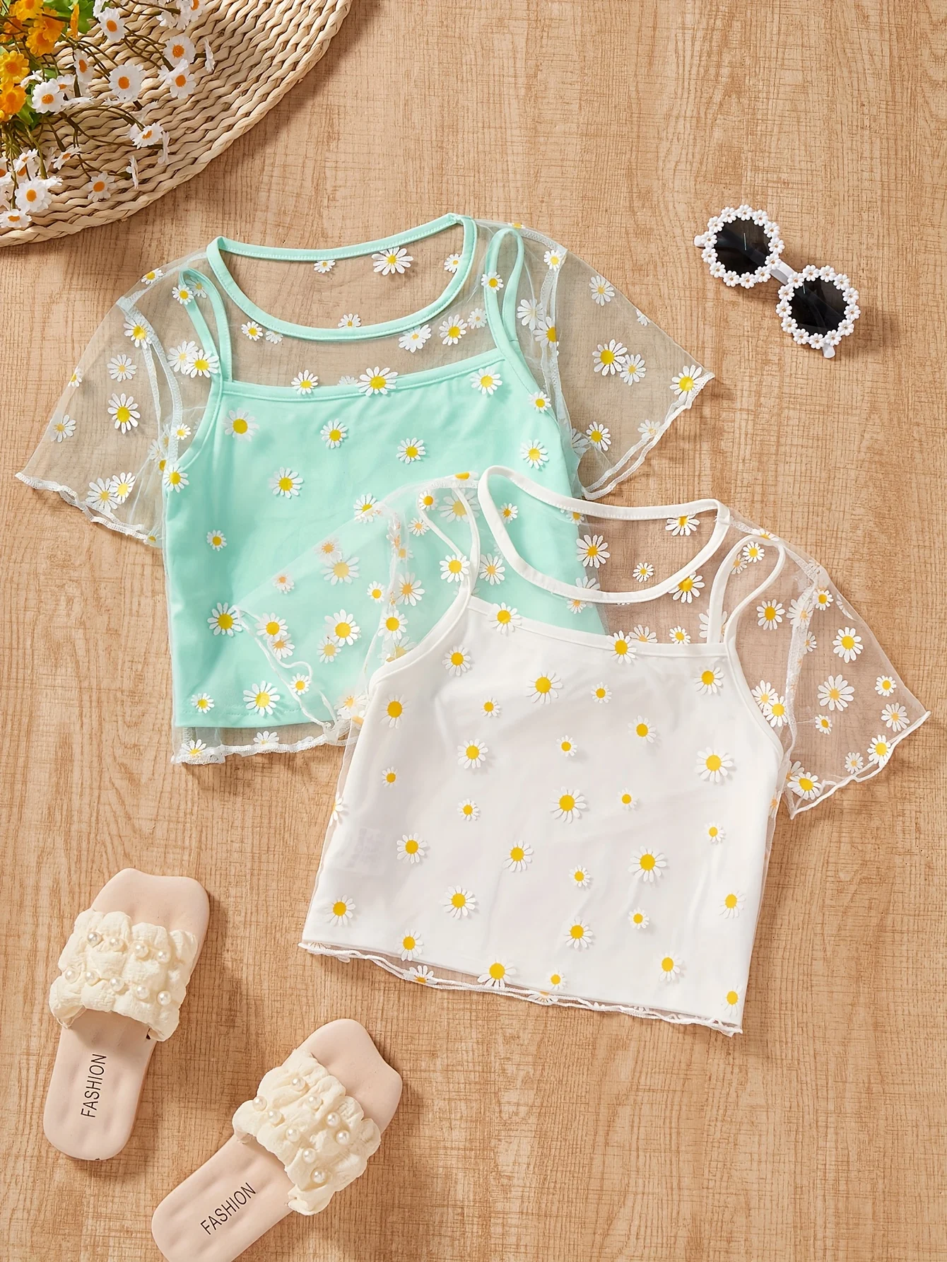 Girls Floral Sheer Mesh T-Shirts Summer