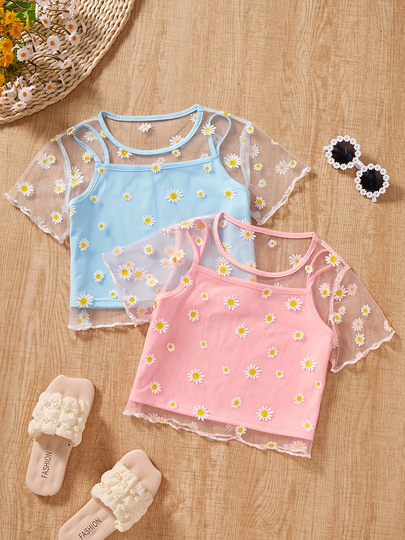 Girls Floral Sheer Mesh T-Shirts Summer