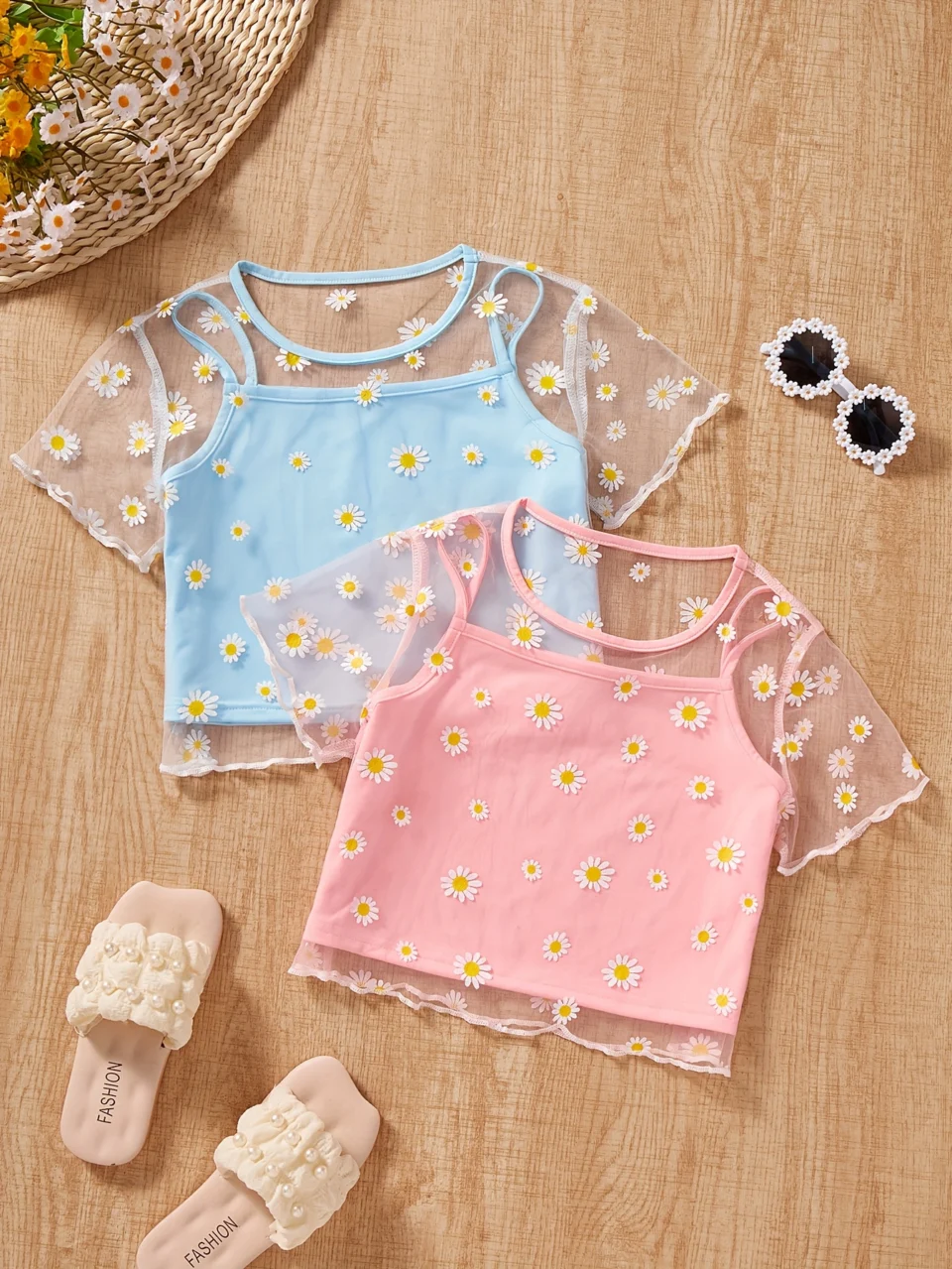 Girls Floral Sheer Mesh T-Shirts Summer