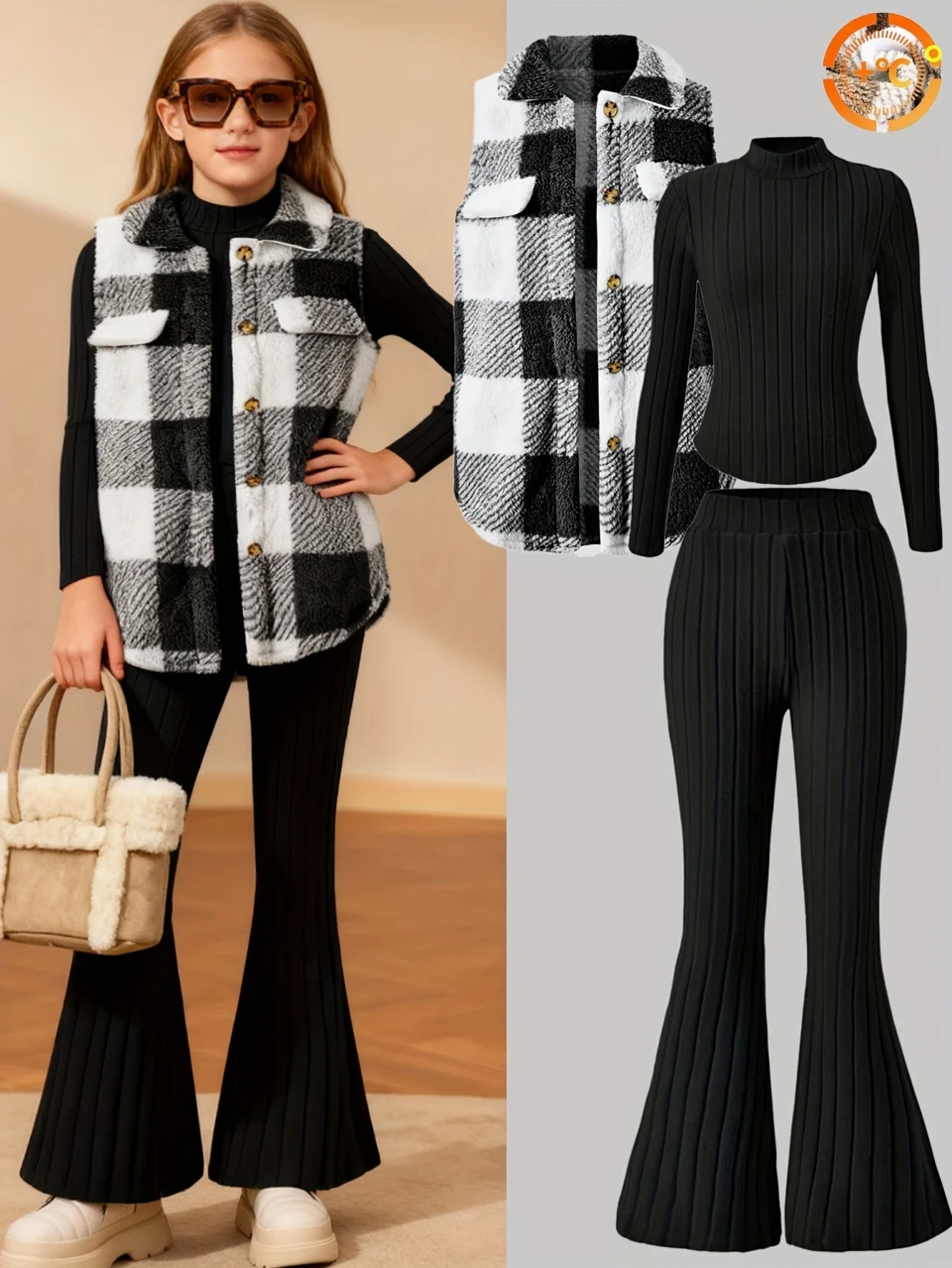 Girls Plaid Warm Plaid Jacket Top Flare Pants 3-Piece Set Fall Winter