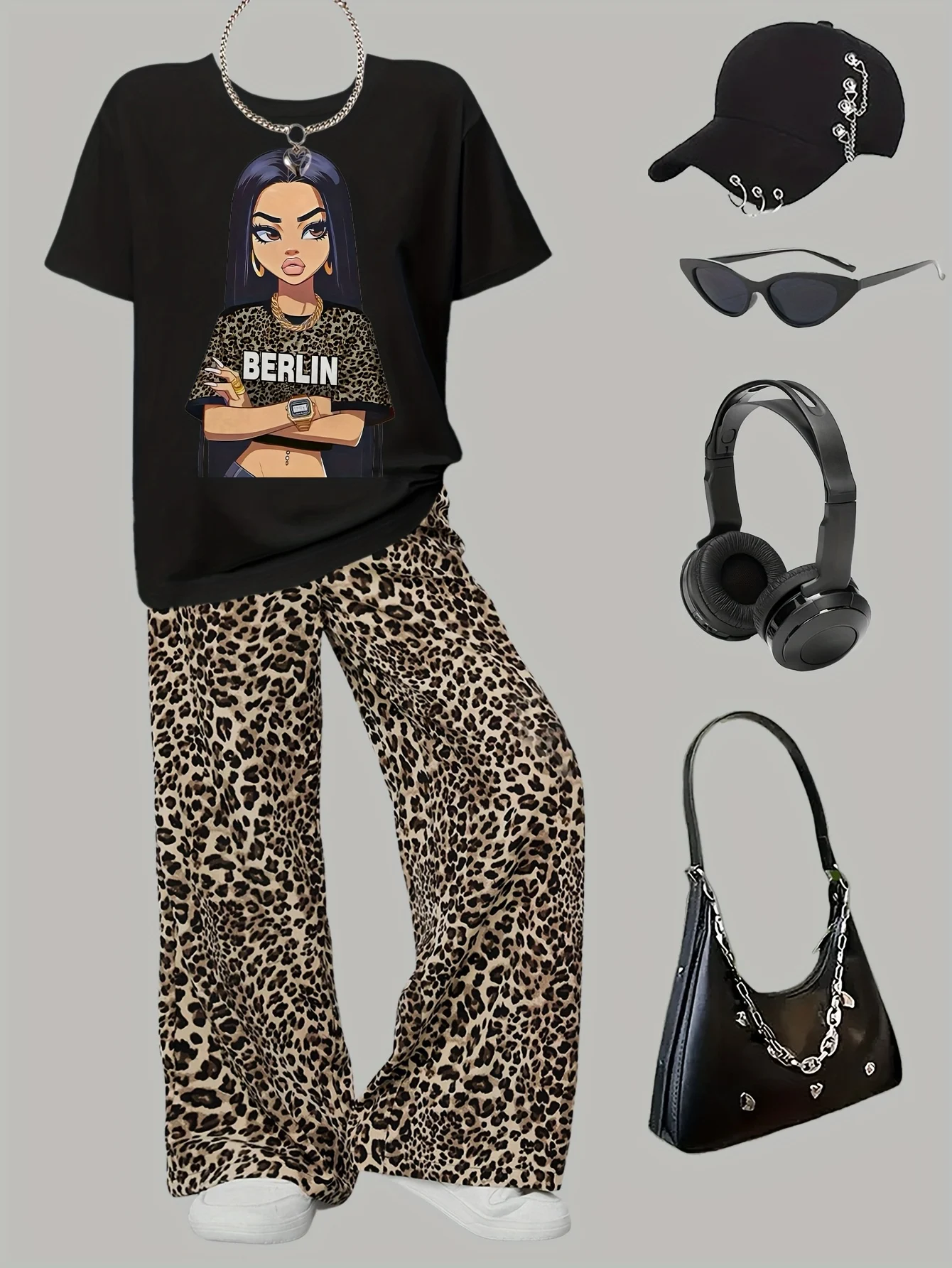 Detail 2 of Girls Graphic Leopard Print T-Shirt Leopard Wide Leg Pants 2-Piece Set Summer by LUNORIANA