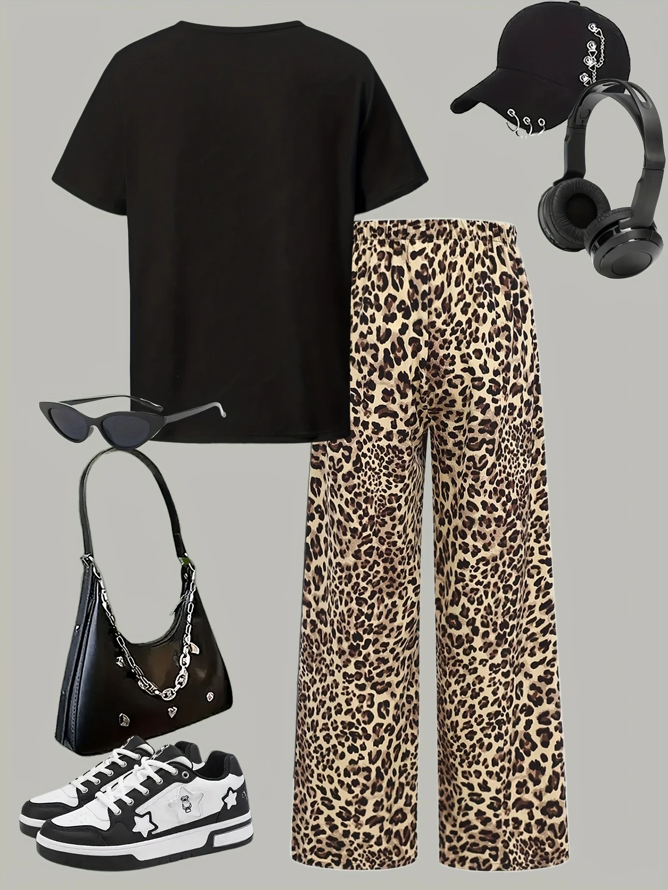 Detail 1 of Girls Graphic Leopard Print T-Shirt Leopard Wide Leg Pants 2-Piece Set Summer by LUNORIANA