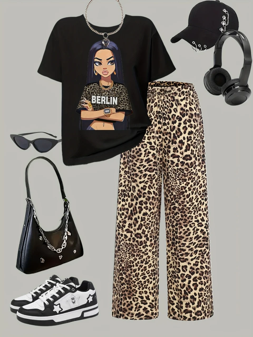 Girls Graphic Leopard Print T-Shirt Leopard Wide Leg Pants 2-Piece Set Summer