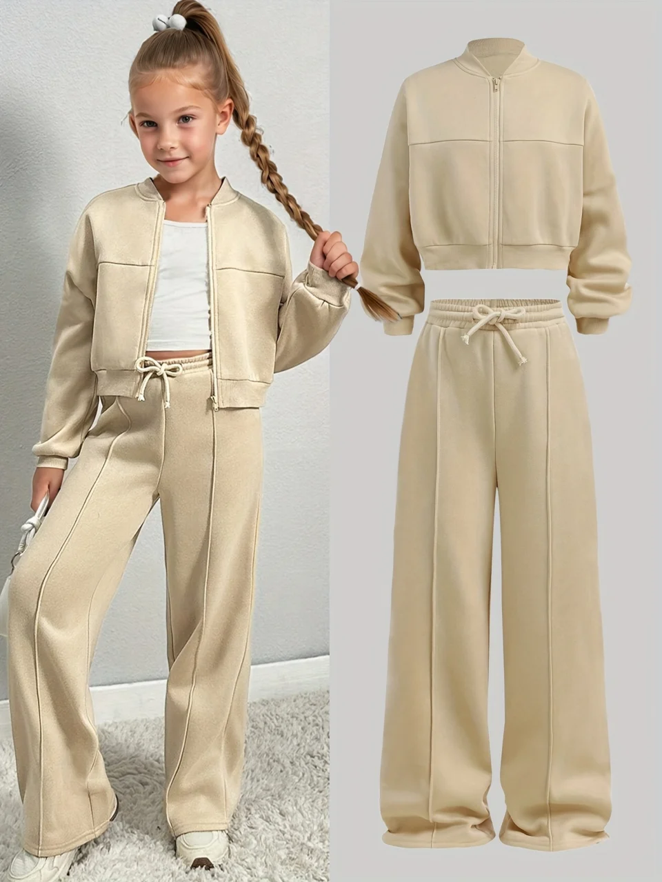 Girls Solid Zip Jacket Jacket Wide Leg Pants 2-Piece Set All Season