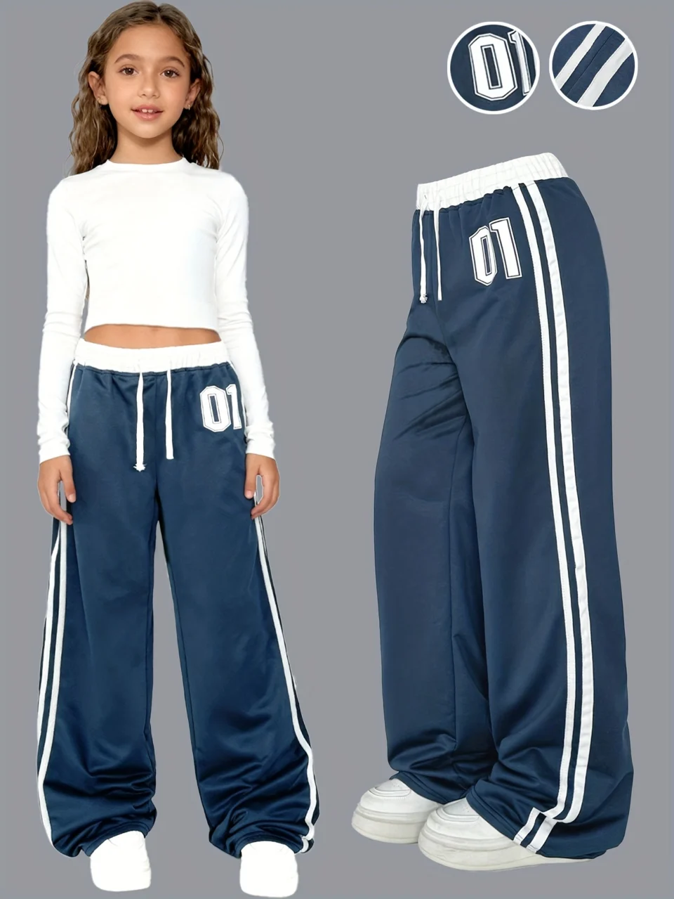 Girls Number Graphic Side Stripe Wide Leg Sweatpants All Season