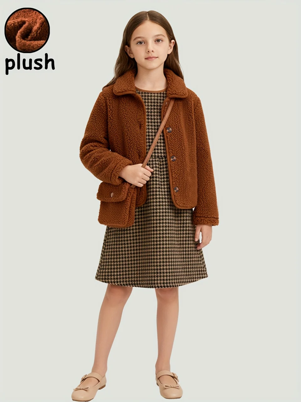 Girls Houndstooth Warm Teddy Coat Dress 2-Piece Set Fall Winter