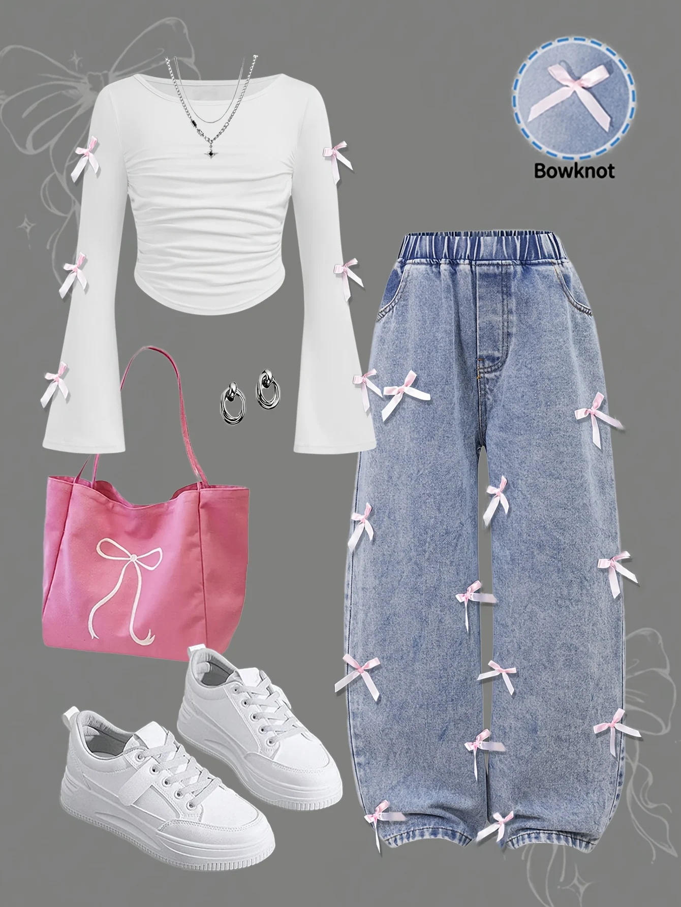 Detail 1 of Girls Bow Distressed Denim Bow Top Jeans 2-Piece Set All Season by LUNORIANA