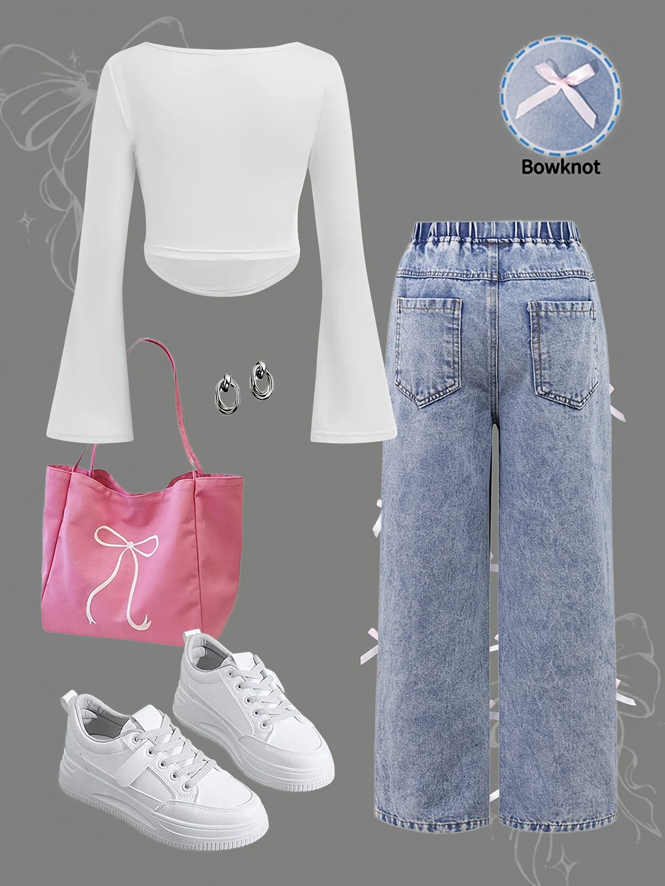 Detail 2 of Girls Bow Distressed Denim Bow Top Jeans 2-Piece Set All Season by LUNORIANA