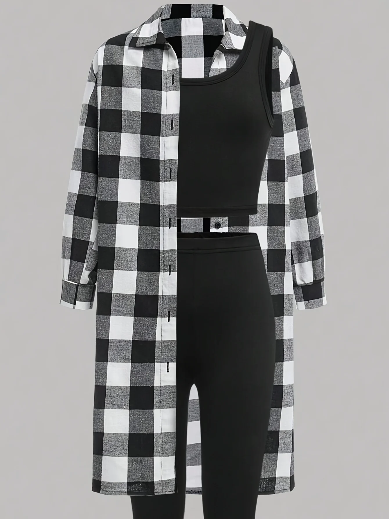Detail 2 of Girls Plaid Plaid Shirt Cami Leggings 3-Piece Set Fall Winter by LUNORIANA