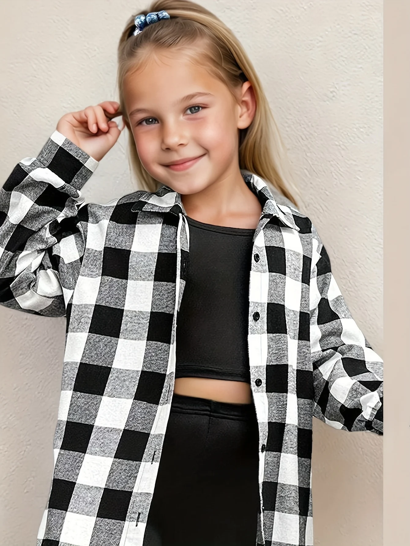 Detail 4 of Girls Plaid Plaid Shirt Cami Leggings 3-Piece Set Fall Winter by LUNORIANA