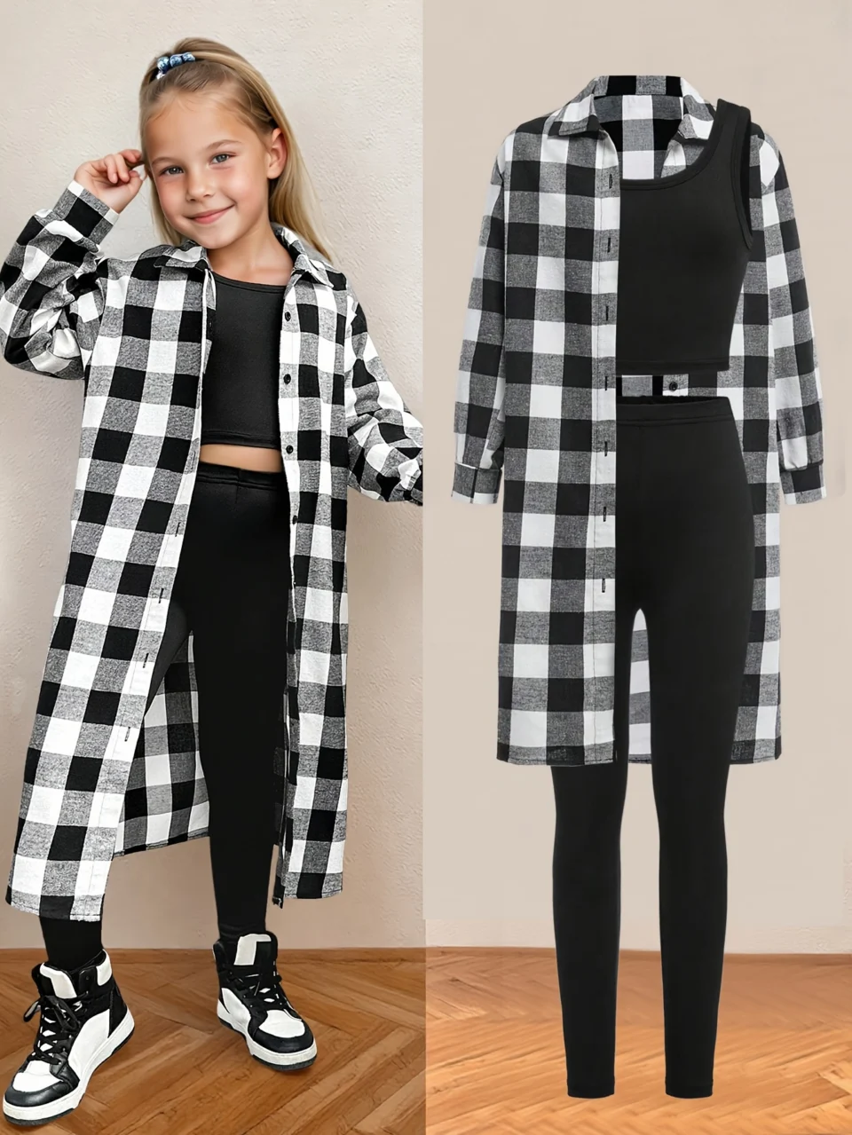 Girls Plaid Plaid Shirt Cami Leggings 3-Piece Set Fall Winter