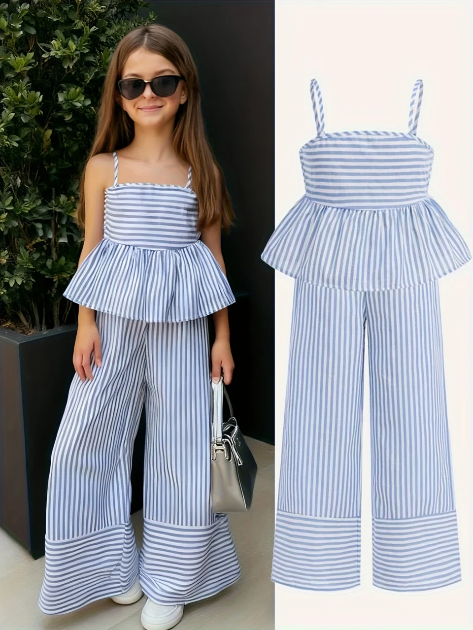 Girls Striped Bow Striped Cami Wide Leg Pants 2-Piece Set Spring Summer - SPUID 3686273493