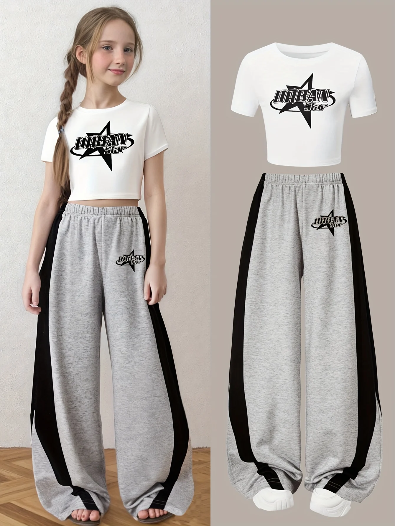 Girls Star Print Letter Print T-Shirt Wide Leg Pants 2-Piece Set All Season