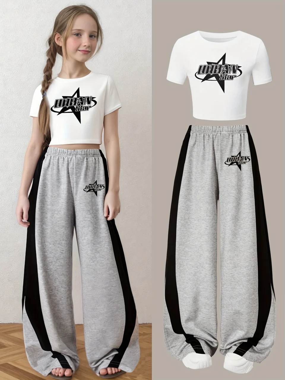 Girls Star Print Letter Print T-Shirt Wide Leg Pants 2-Piece Set All Season