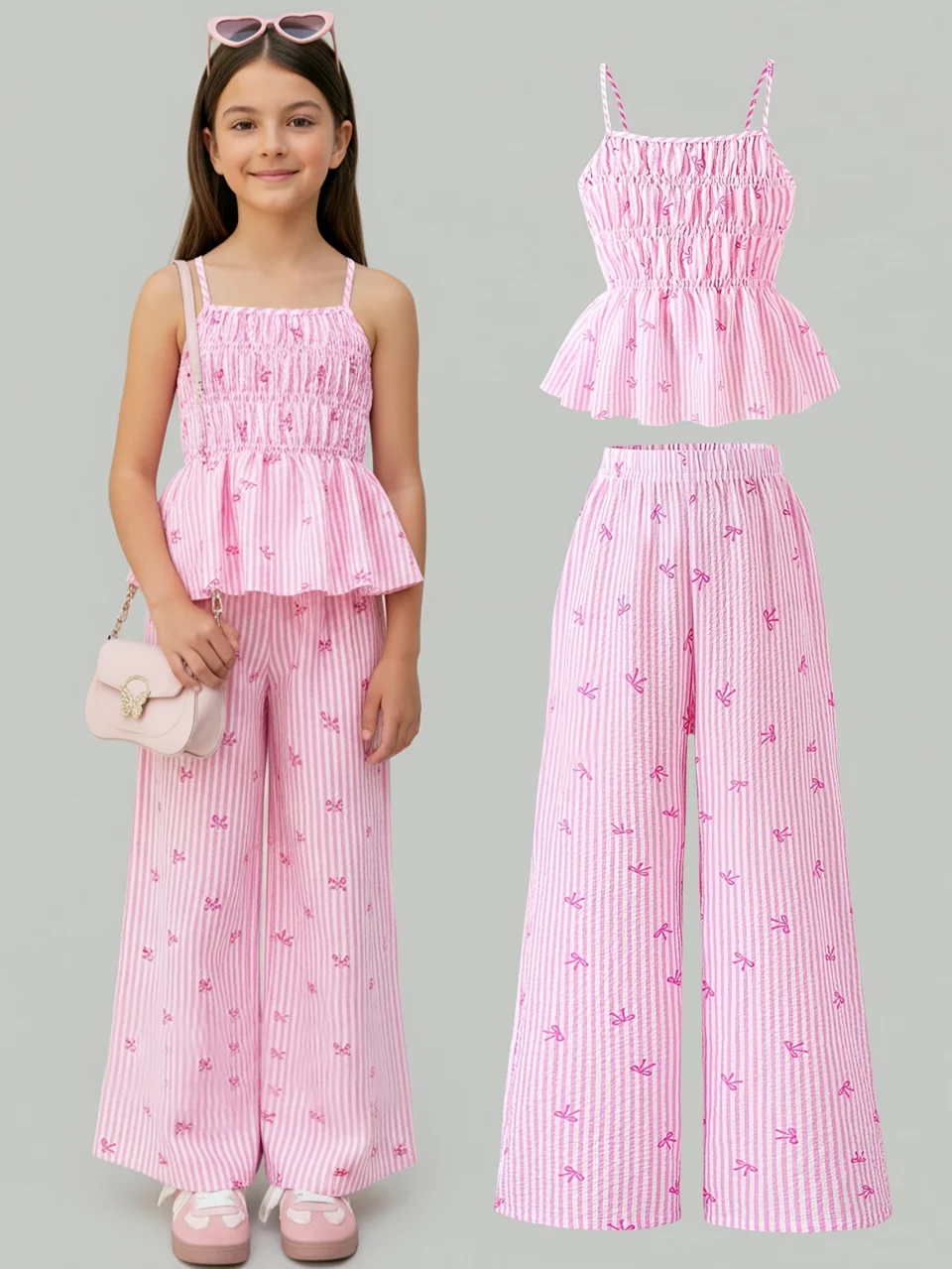 Girls Striped Bow Striped Cami Wide Leg Pants 2-Piece Set Spring Summer - SPUID 3957693643