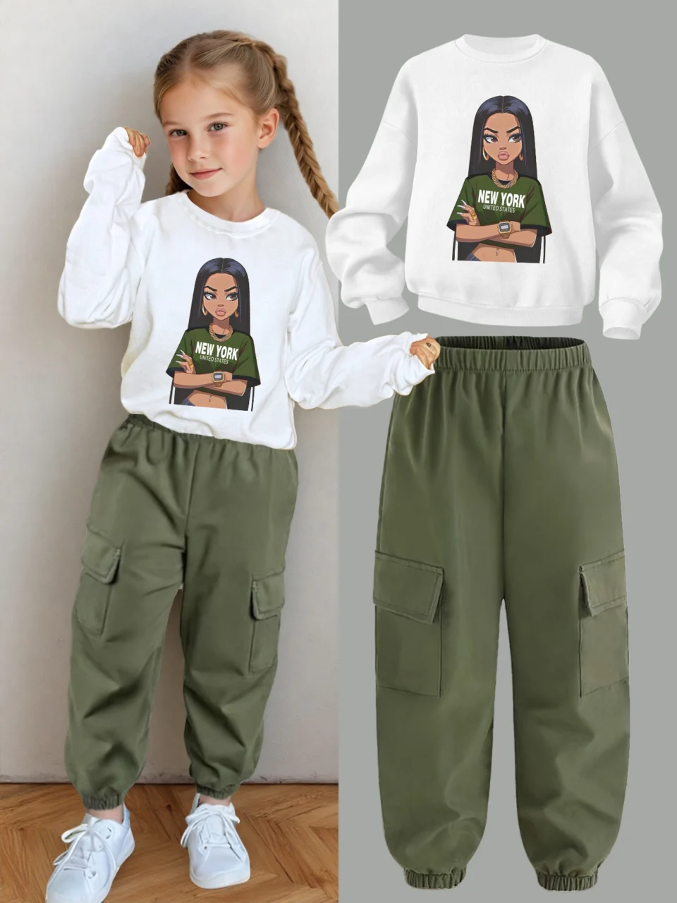 Girls Y2K Graphic Streetwear Sweatshirt Cargo Pants 2-Piece Set Fall