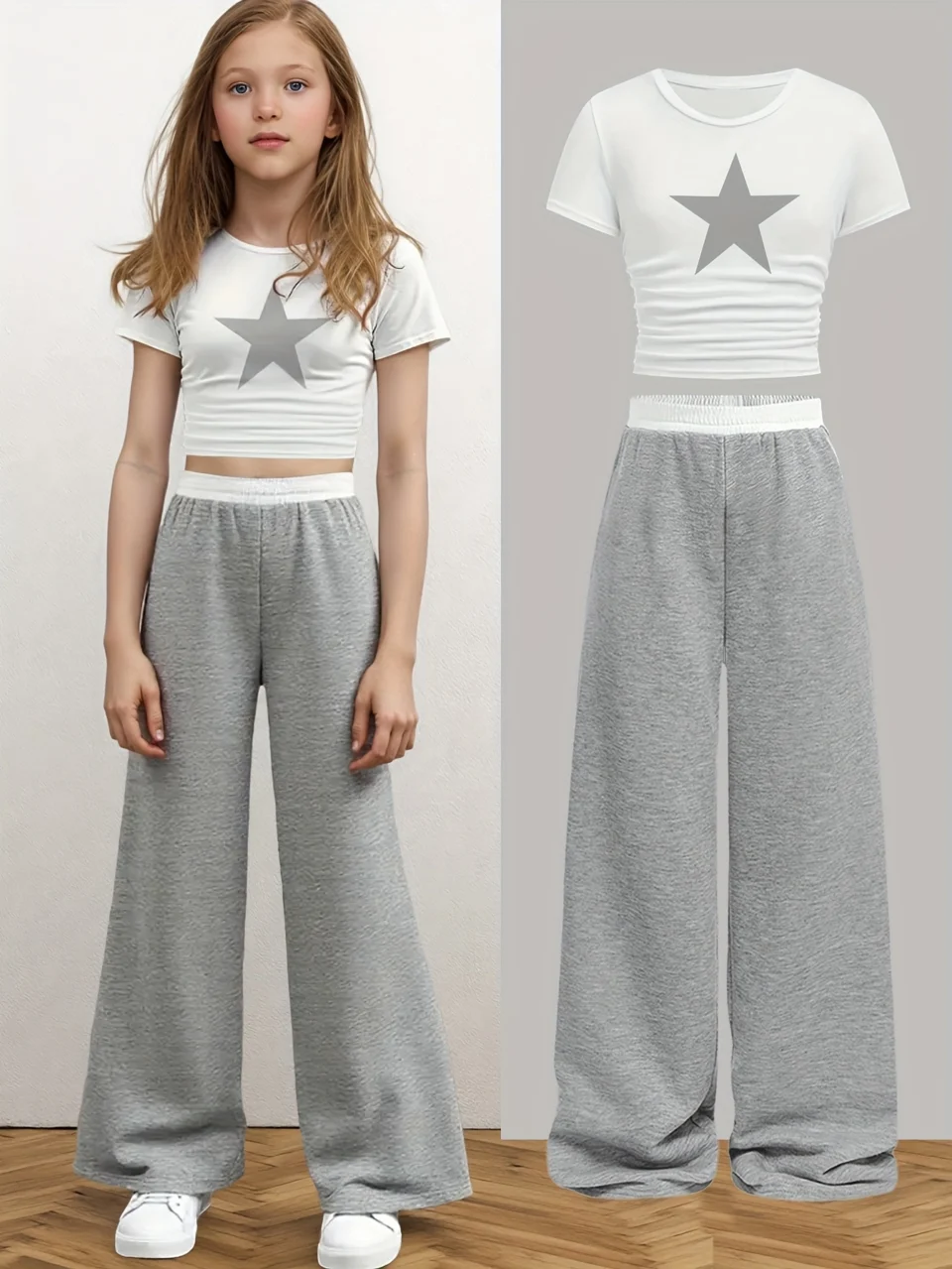 Girls Solid Colorblock Waist T-Shirt Straight Pants 2-Piece Set Spring Summer