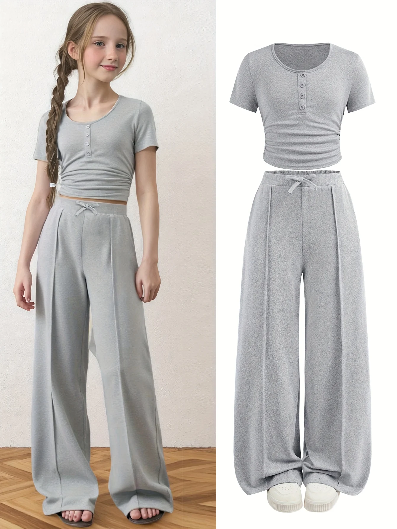 Girls Solid Button T-Shirt Straight Pants 2-Piece Set Spring Summer
