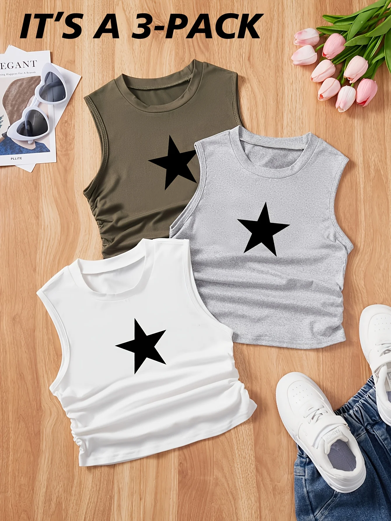 Girls Star Print Ruffle Tank Tops Summer