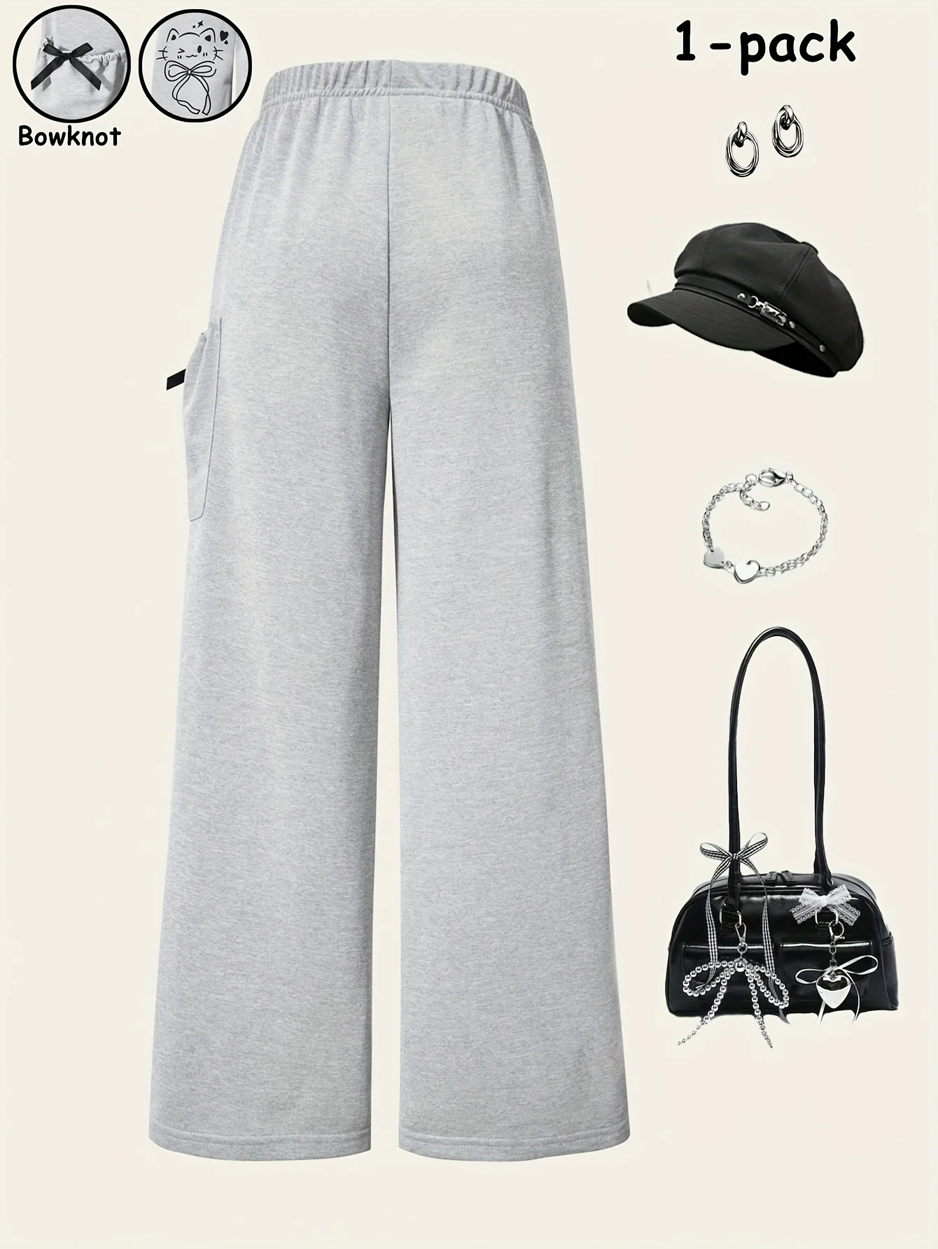 Detail 2 of Girls Cat Print Star Print Bow Pocket Straight Leg Pants All Season by LUNORIANA