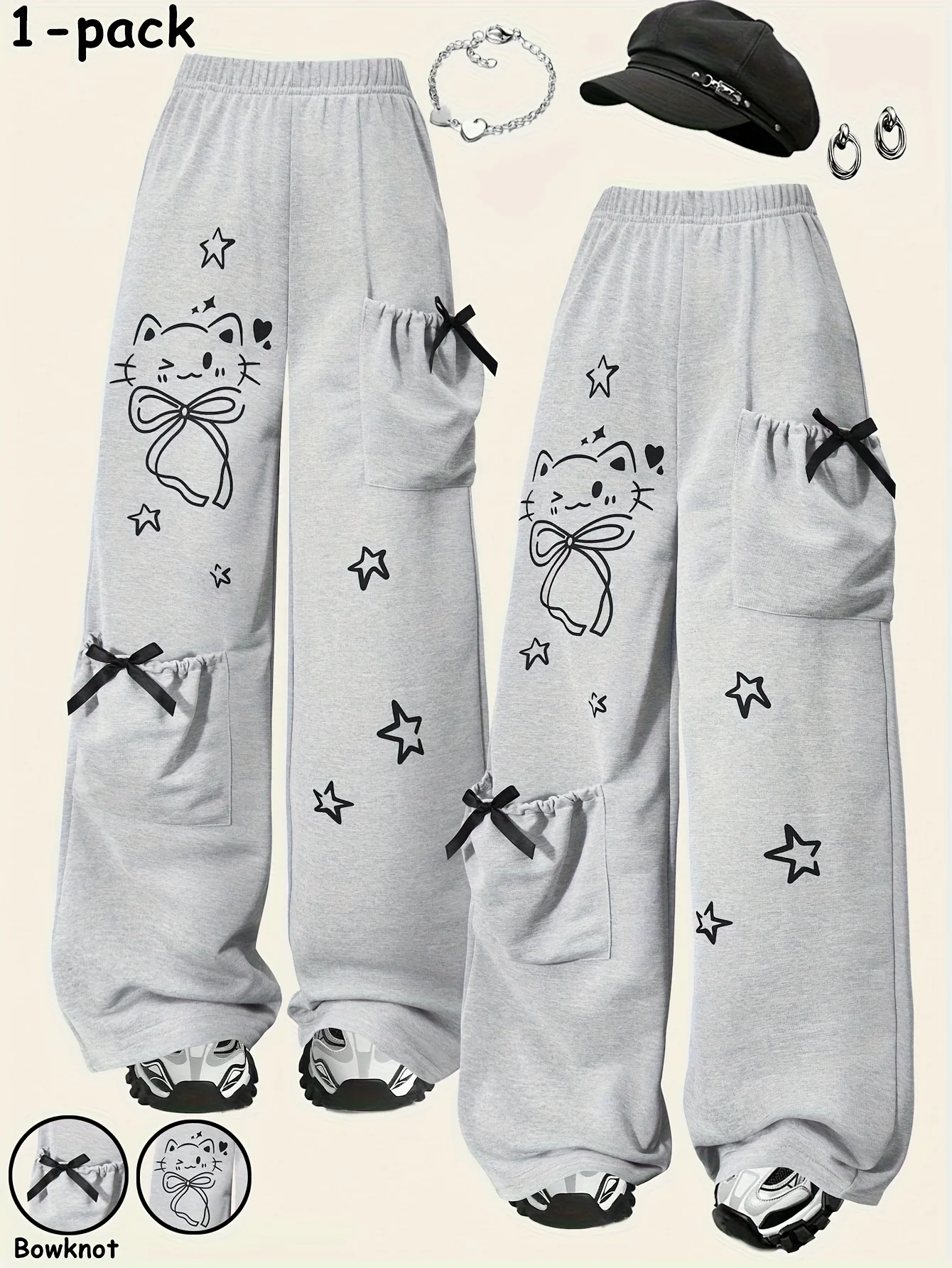 Girls Cat Print Star Print Bow Pocket Straight Leg Pants All Season