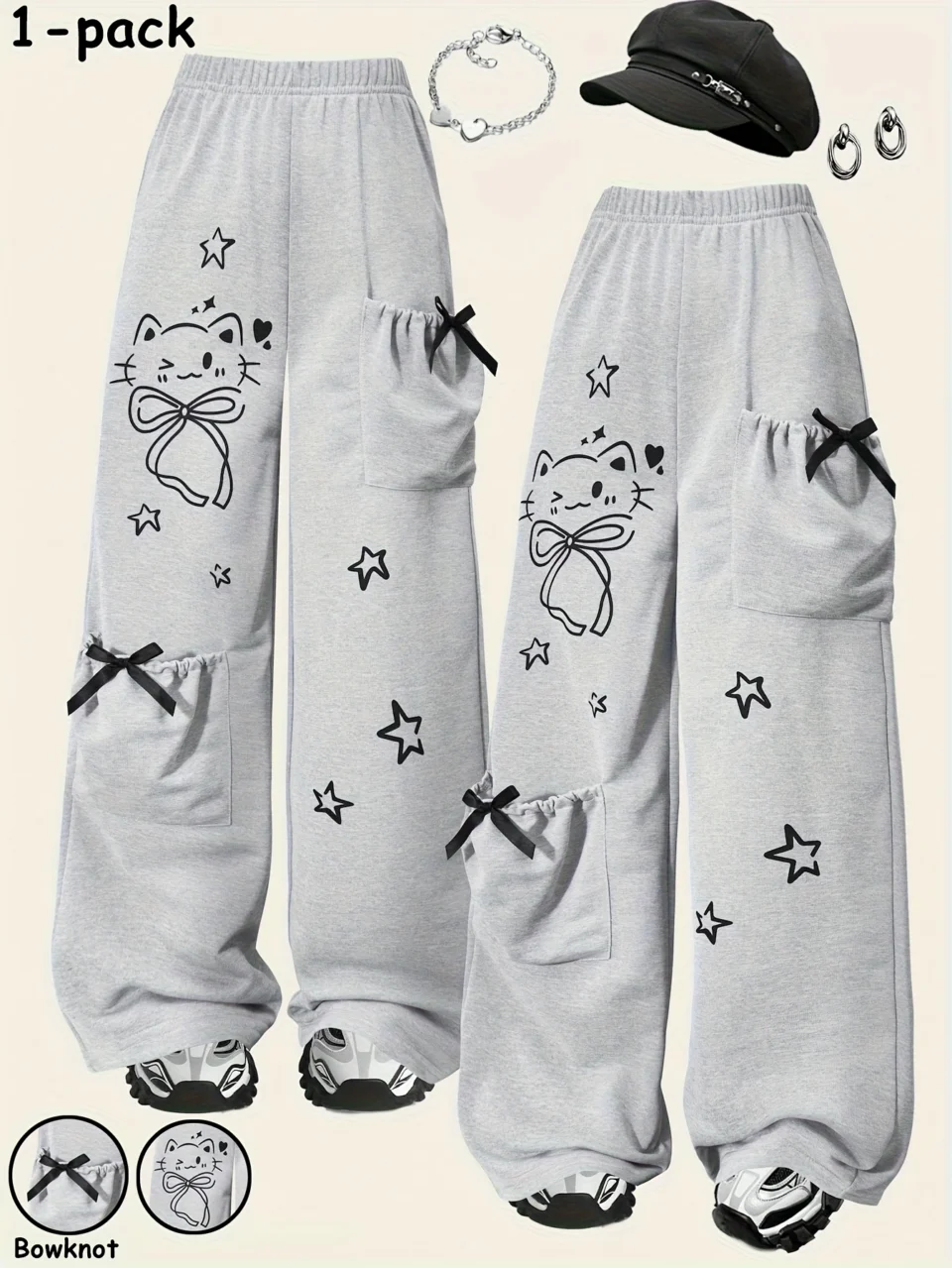 Girls Cat Print Star Print Bow Pocket Straight Leg Pants All Season