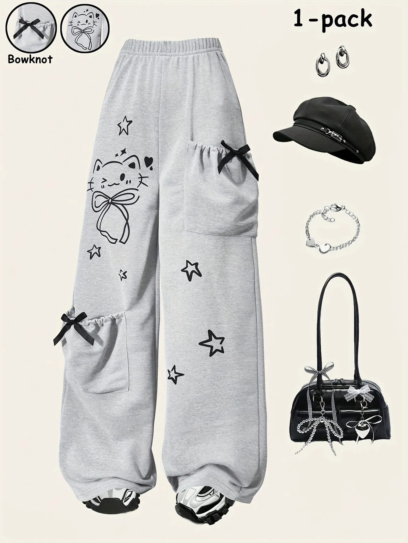 Detail 1 of Girls Cat Print Star Print Bow Pocket Straight Leg Pants All Season by LUNORIANA