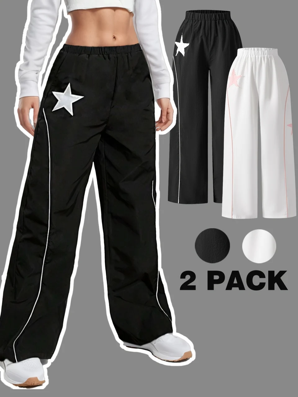 Girls Star Patch Side Stripe Wide Leg Pants All Season
