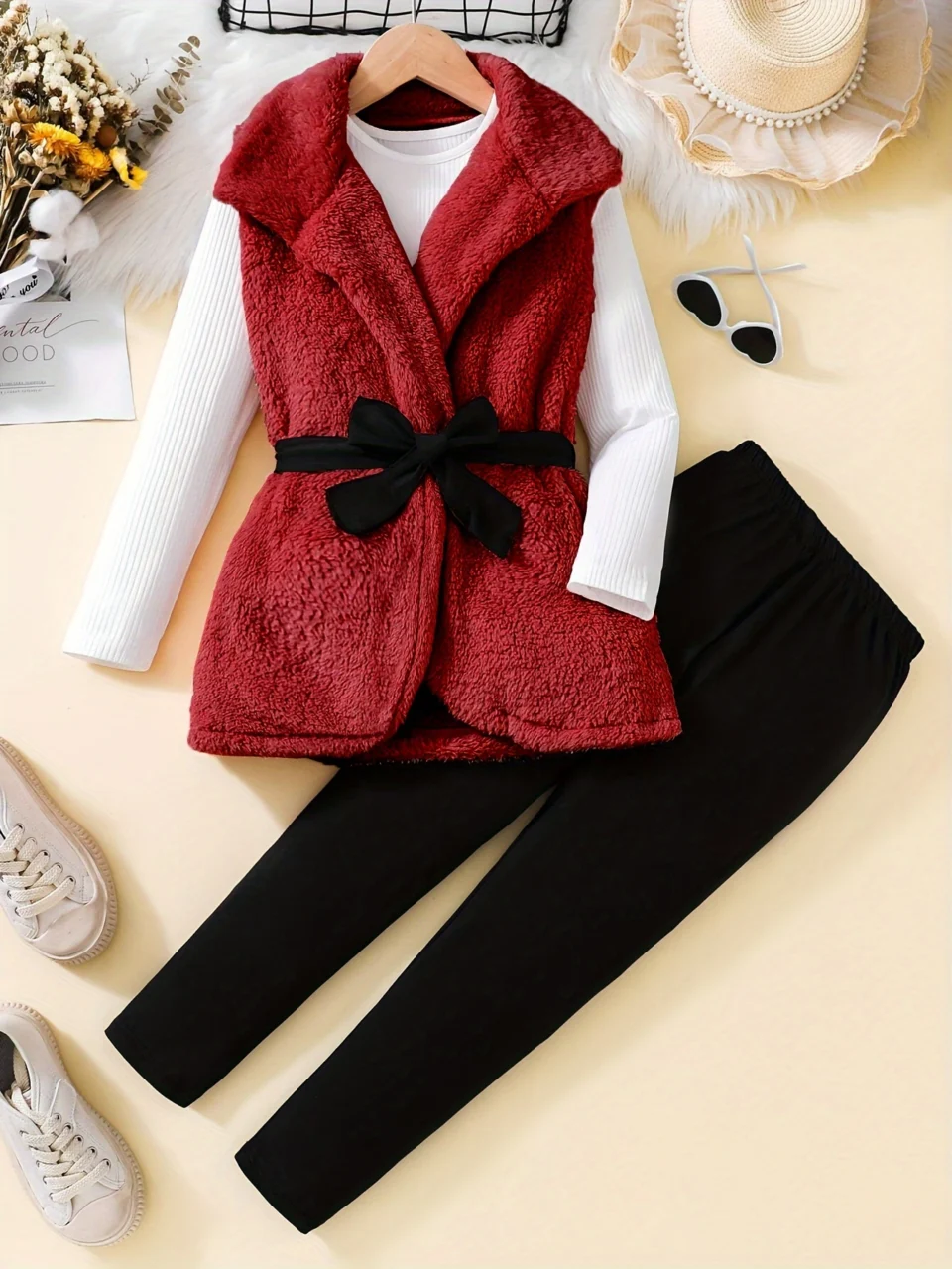 Girls Solid Warm Puffer Vest Top Leggings 3-Piece Set Fall Winter