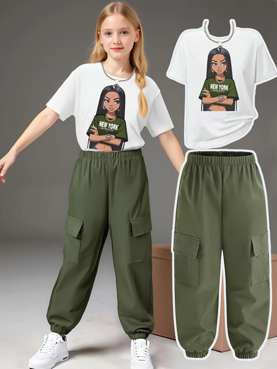 Girls Y2K Graphic T-Shirt Cargo Pants 2-Piece Set Summer