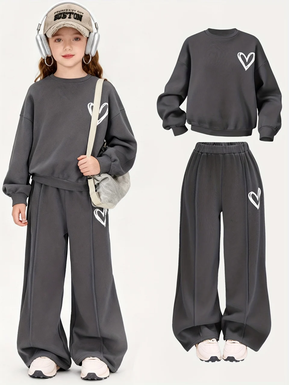 Girls Heart Graphic K-Pop Sweatshirt Sweatpants 2-Piece Set Fall Winter