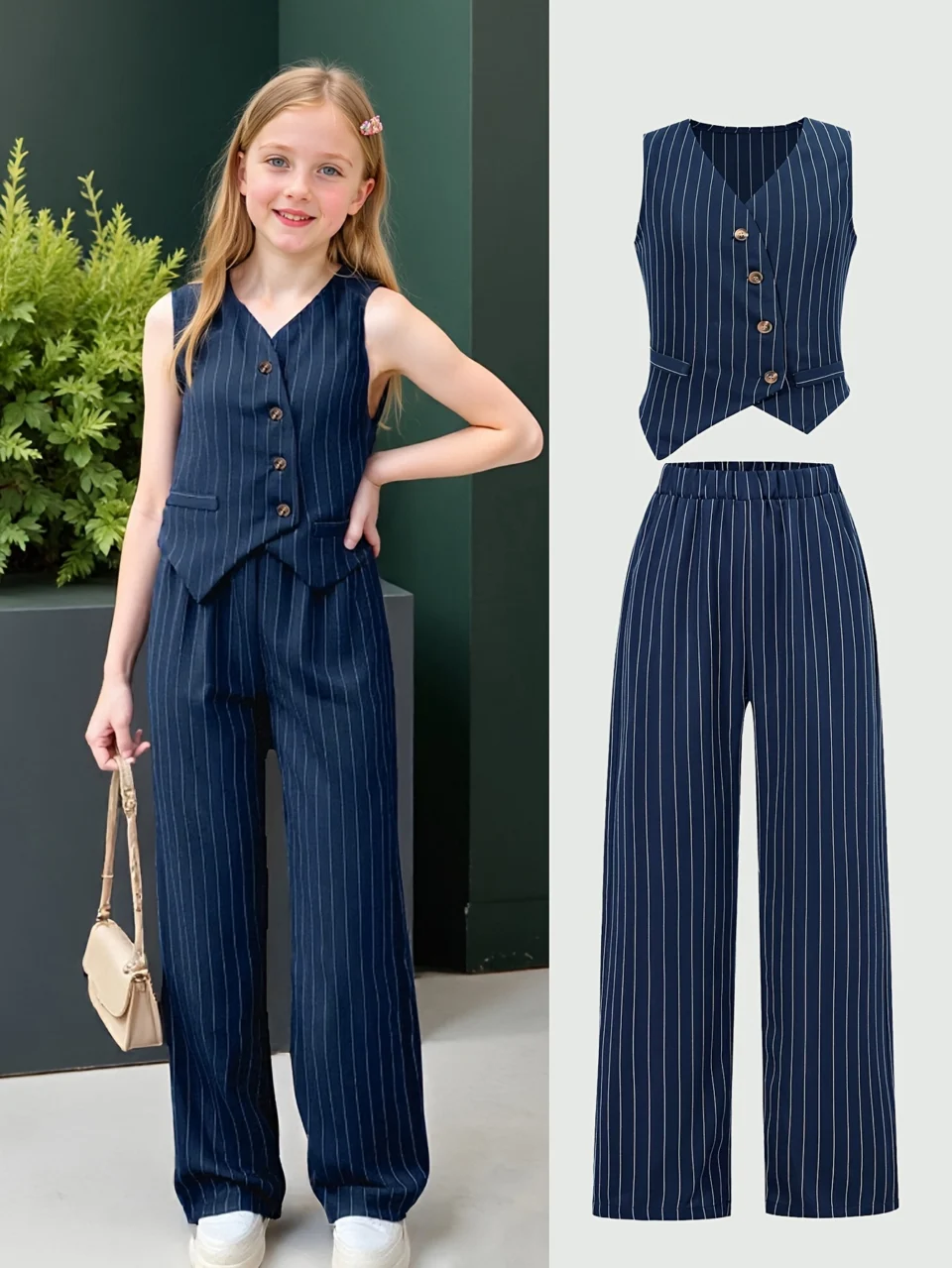 Girls Asymmetrical Striped Striped Blazer Vest Pants 2-Piece Set Spring Summer