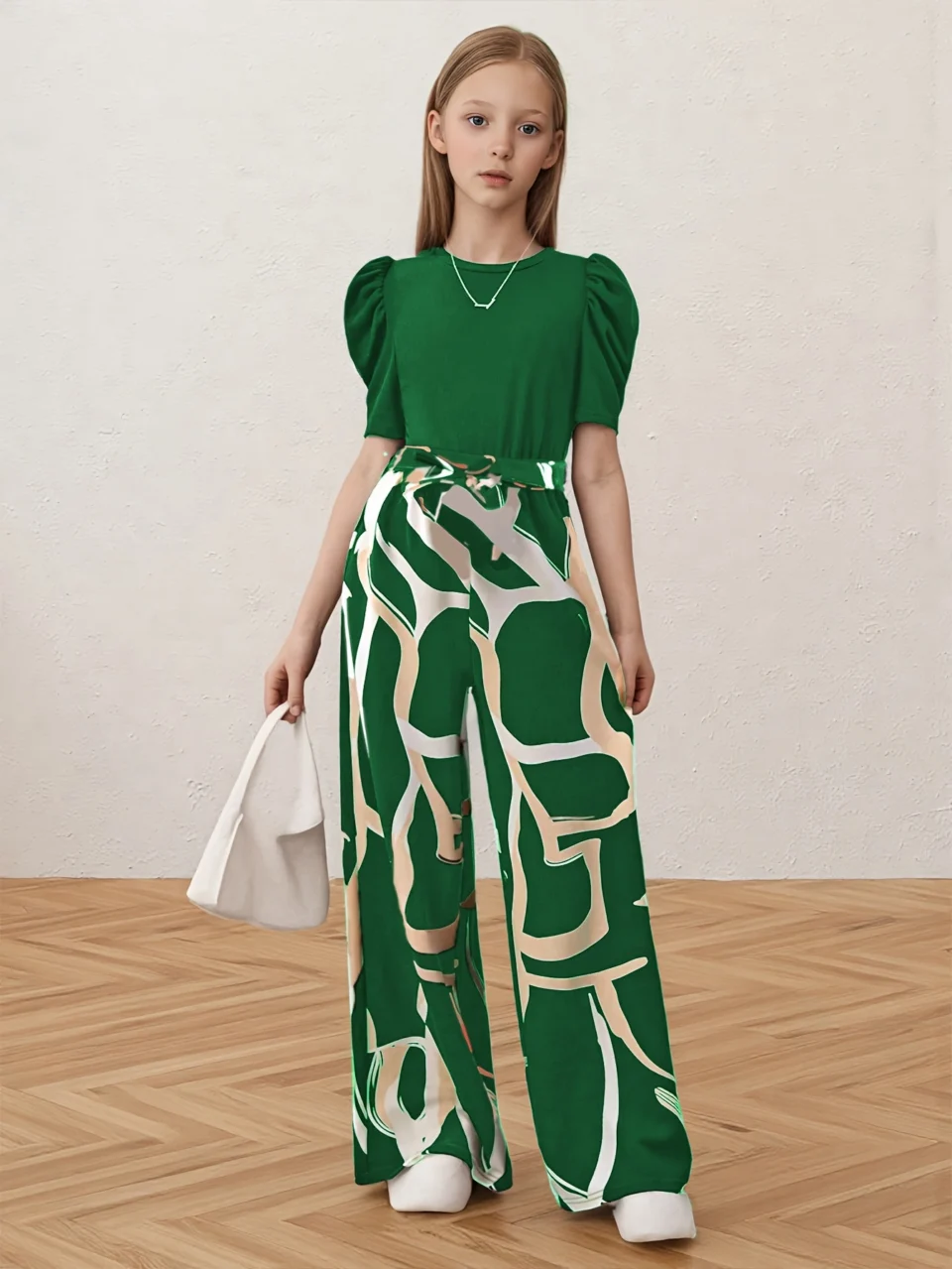 Girls Geometric Print T-Shirt Wide Leg Pants 2-Piece Set Spring Summer