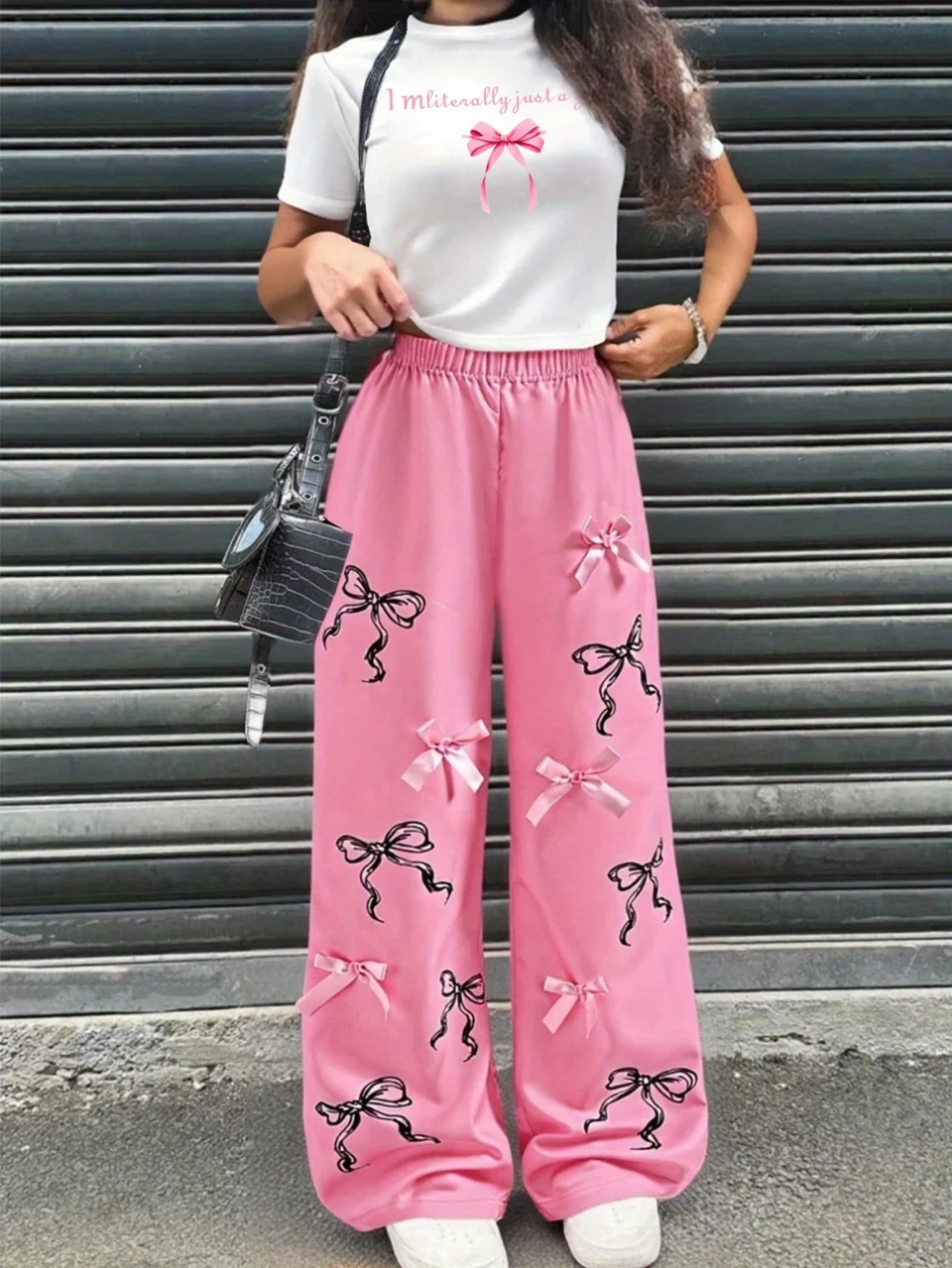 Girls Letter Print Bow T-Shirt Bow Wide Leg Pants 2-Piece Set All Season