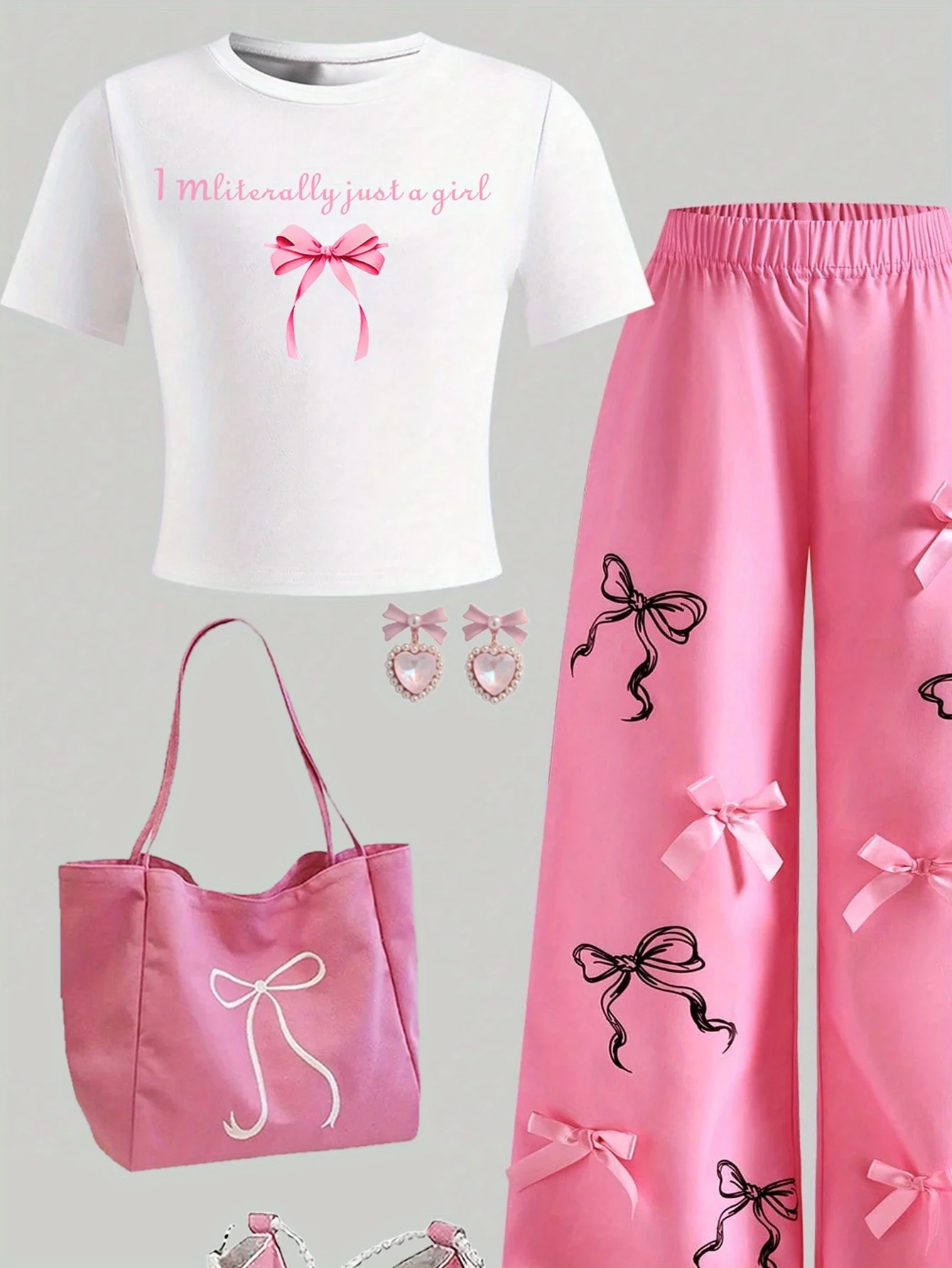 Detail 4 of Girls Letter Print Bow T-Shirt Bow Wide Leg Pants 2-Piece Set All Season by LUNORIANA