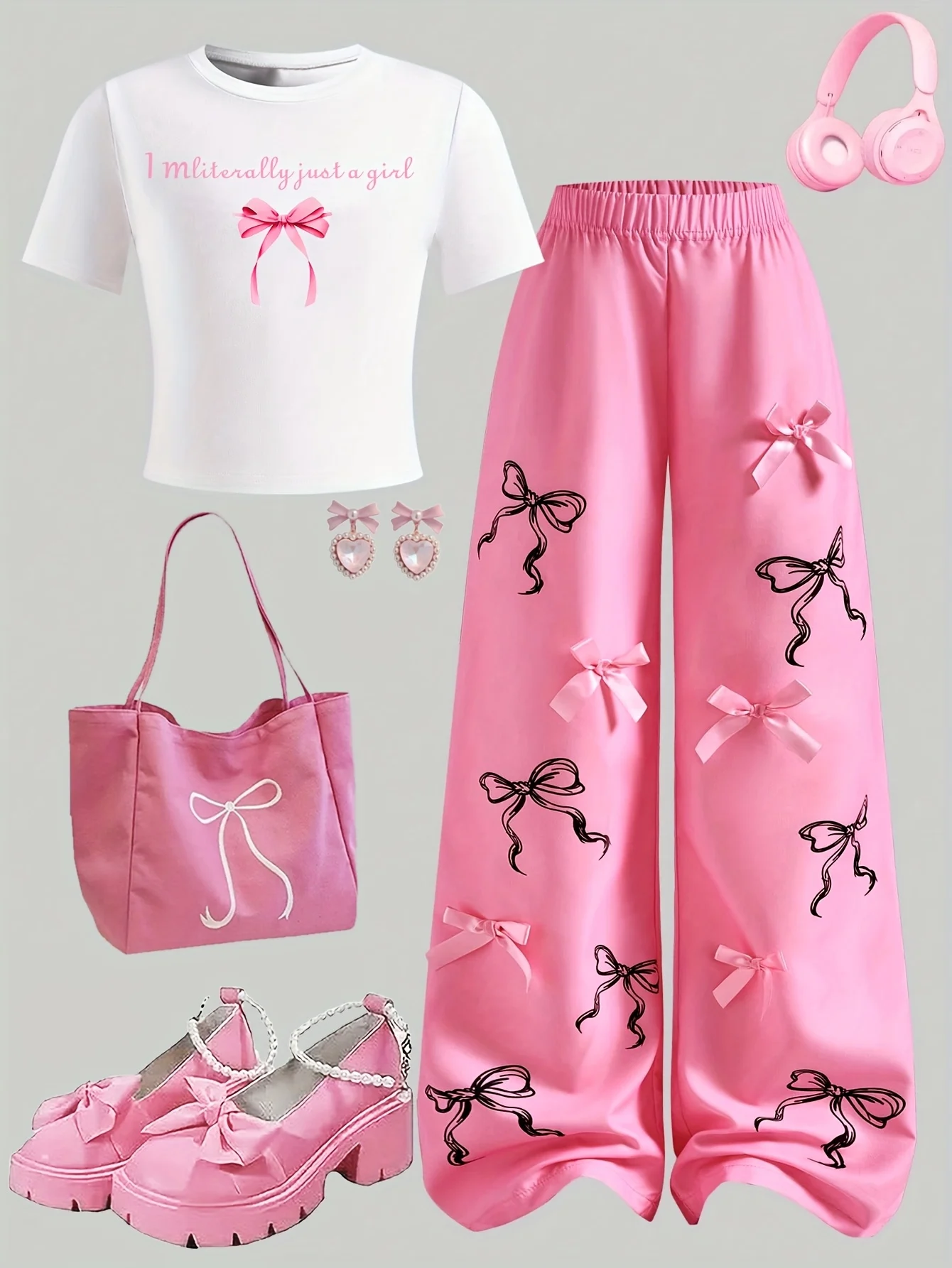 Detail 1 of Girls Letter Print Bow T-Shirt Bow Wide Leg Pants 2-Piece Set All Season by LUNORIANA