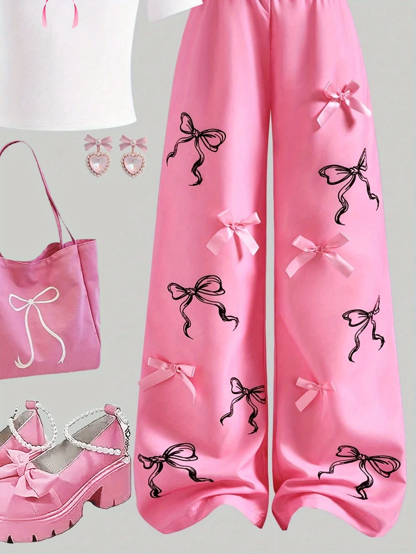 Detail 3 of Girls Letter Print Bow T-Shirt Bow Wide Leg Pants 2-Piece Set All Season by LUNORIANA