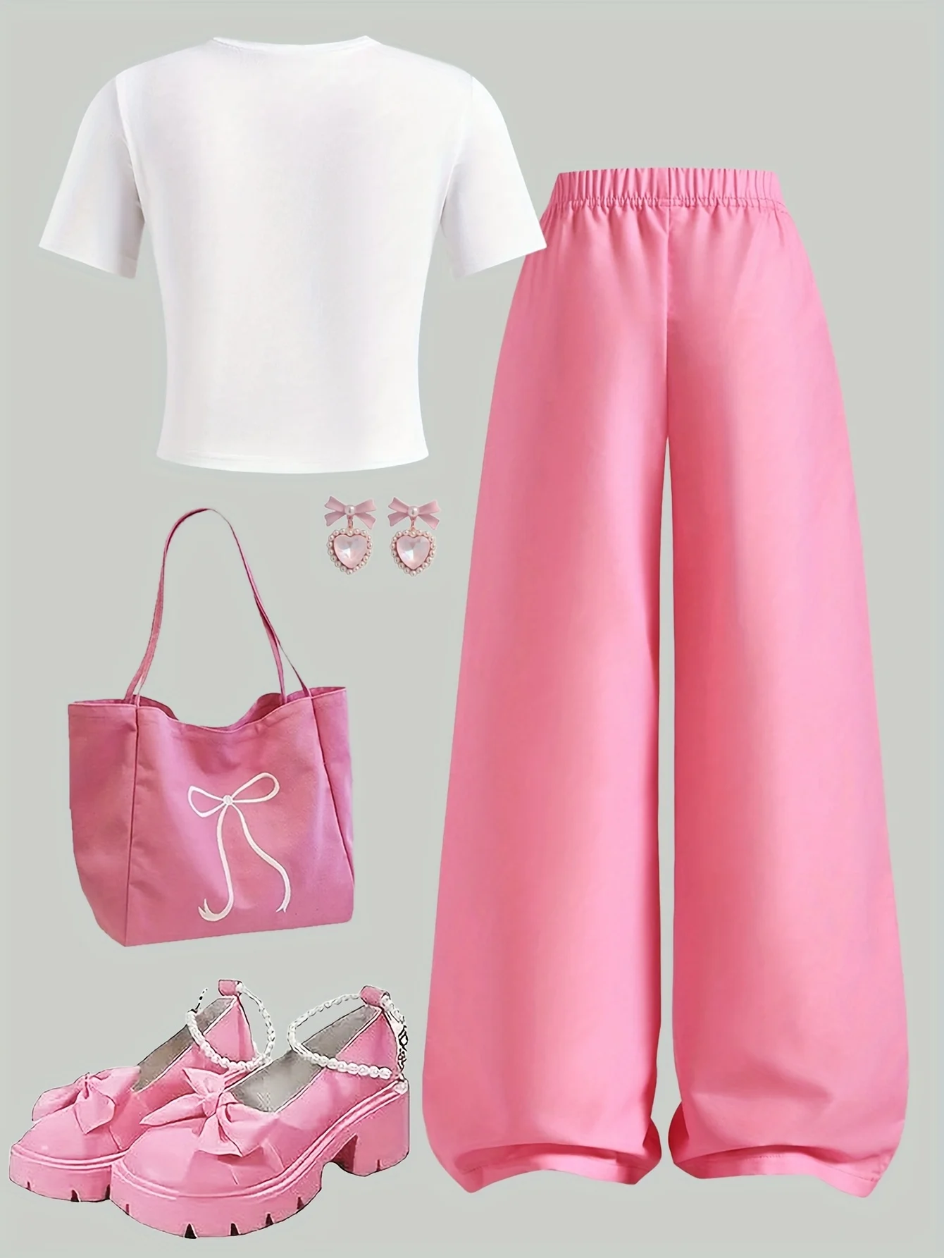 Detail 2 of Girls Letter Print Bow T-Shirt Bow Wide Leg Pants 2-Piece Set All Season by LUNORIANA