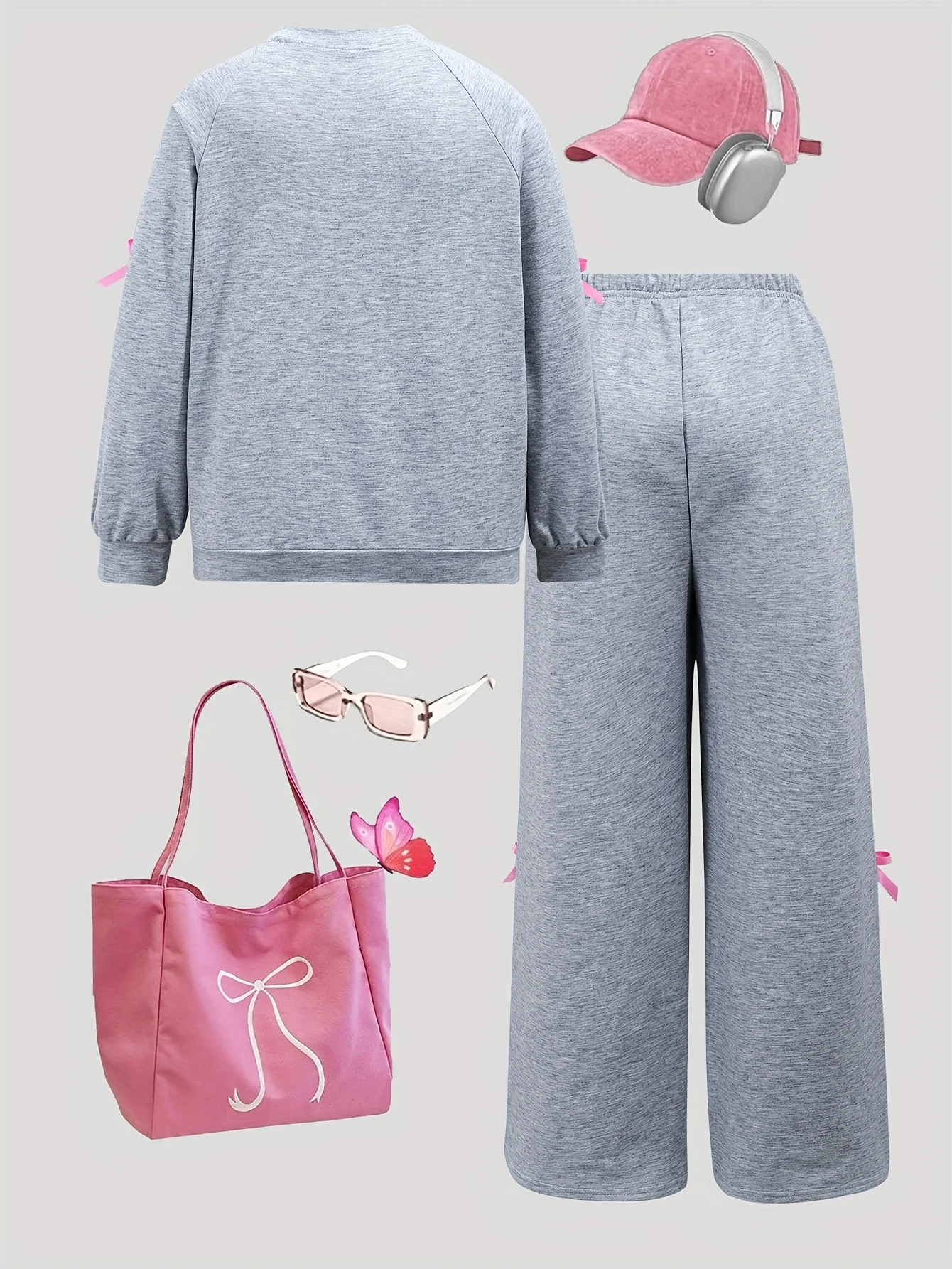 Detail 1 of Girls Bow Solid Sweatshirt Wide Leg Pants 2-Piece Set Fall - SPUID 8452964609 by LUNORIANA